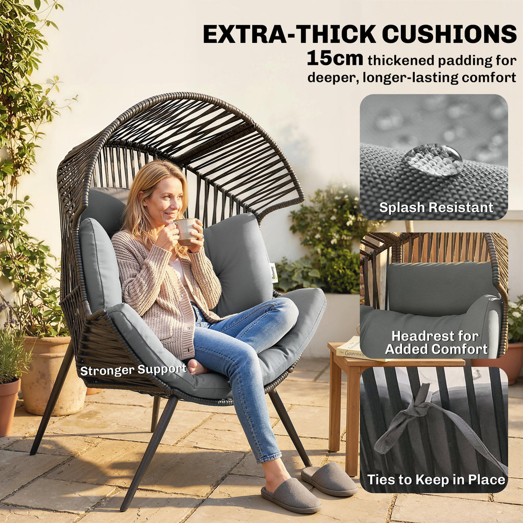 Wicker Egg Chair, Indoor Outdoor Rattan Lounge Chair with Thick Cushion and Headrest, Steel Frame, Adjustable Pads, Grey