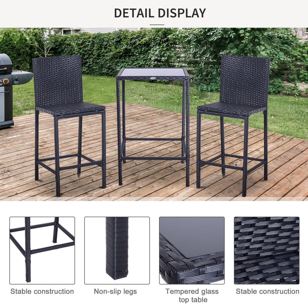 3 Piece Patio Bar Set Wicker Rattan Garden Bistro Set Barstool and Table for Patio Backyard Balcony Poolside, Black