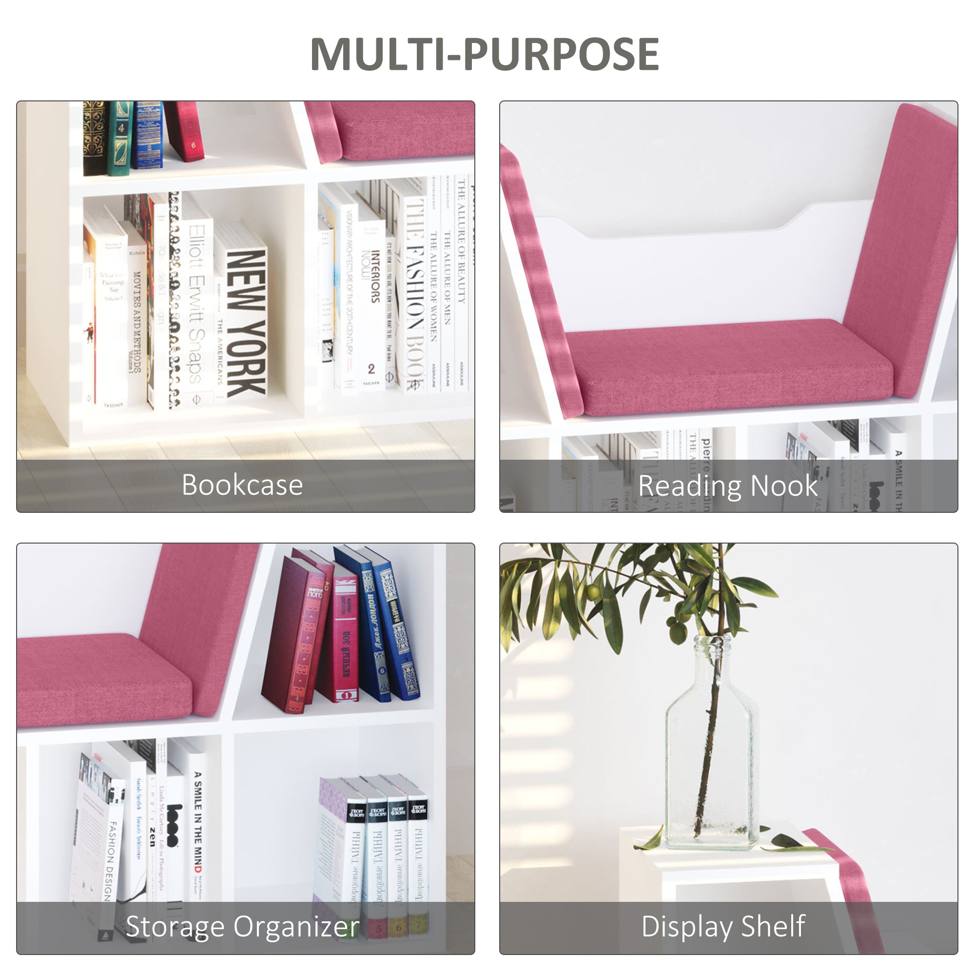 6-Cubby Bookcase with Seat Cushion, Cube Storage Shelf with Reading Nook for Home Office, Study, Pink