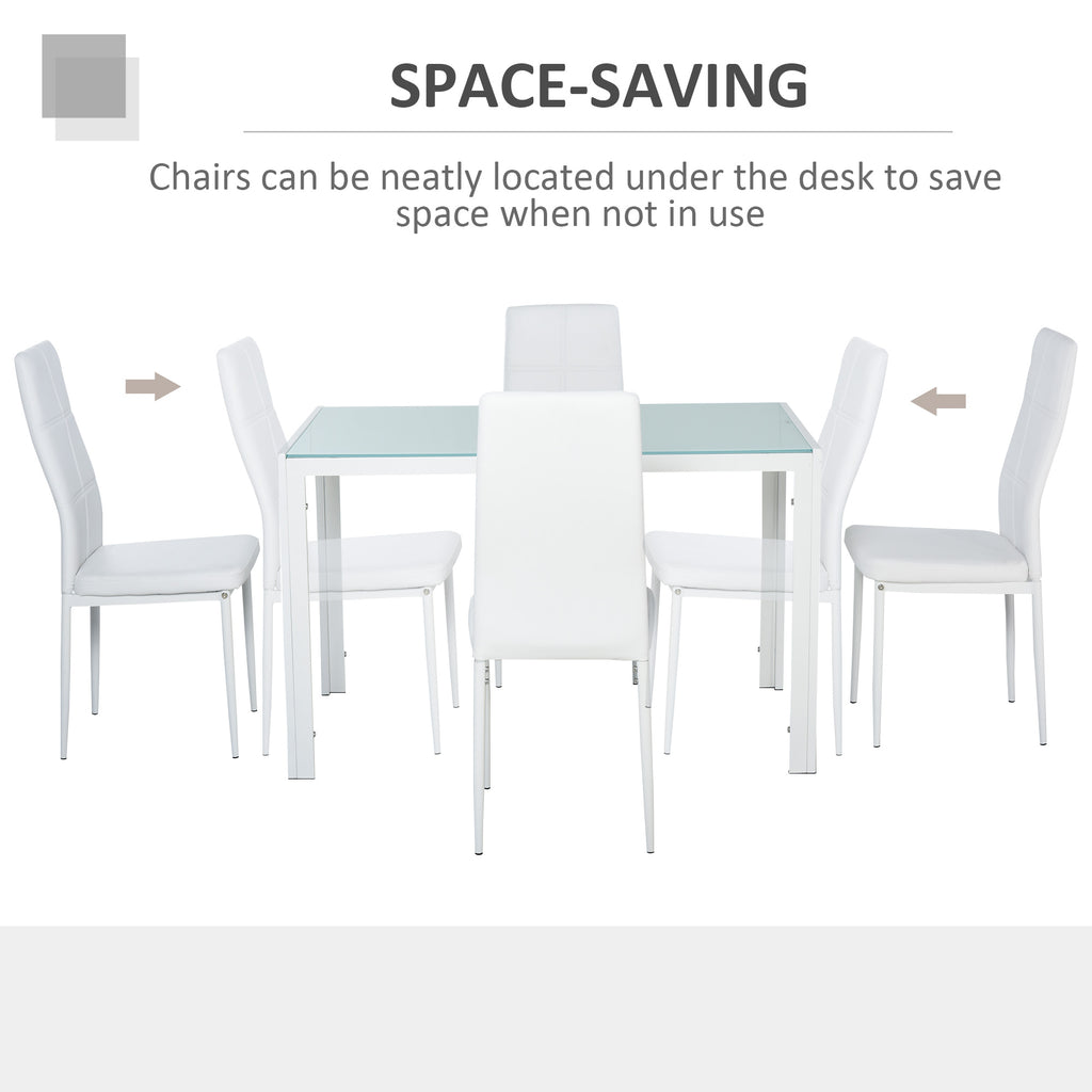 5-Piece Rectangular Glass Kitchen Table and Chairs with Metal Frame and Faux Leather Upholstery for Dining Room, White