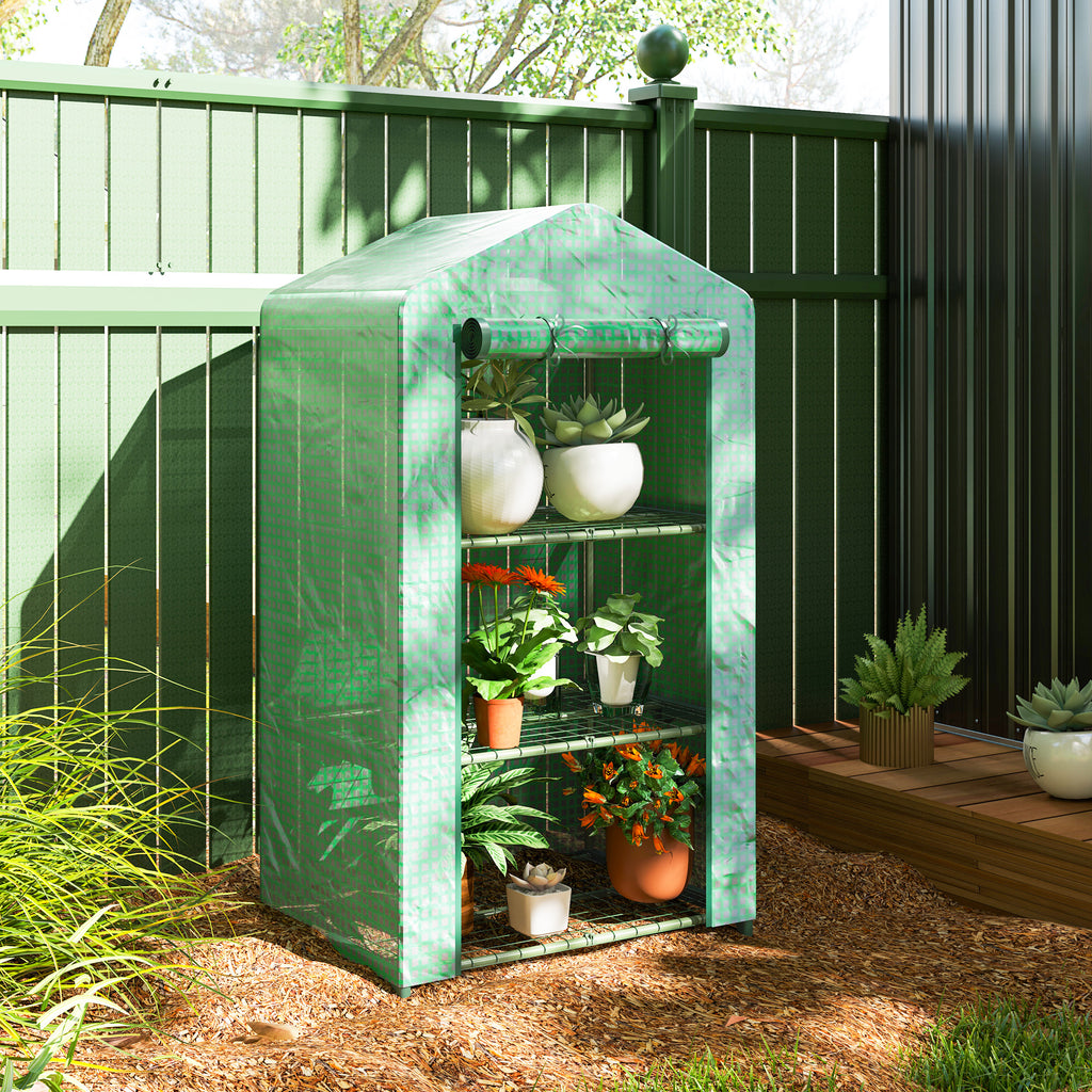 3 Tier Mini Greenhouse, Portable Flower Stand with Shelf Clips, Indoor Greenhouse with Steel Frame, Green