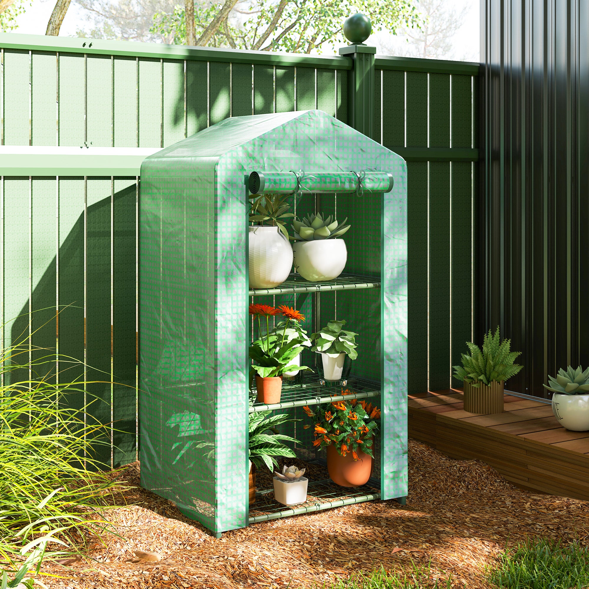 3 Tier Mini Greenhouse, Portable Flower Stand with Shelf Clips, Indoor Greenhouse with Steel Frame, Green