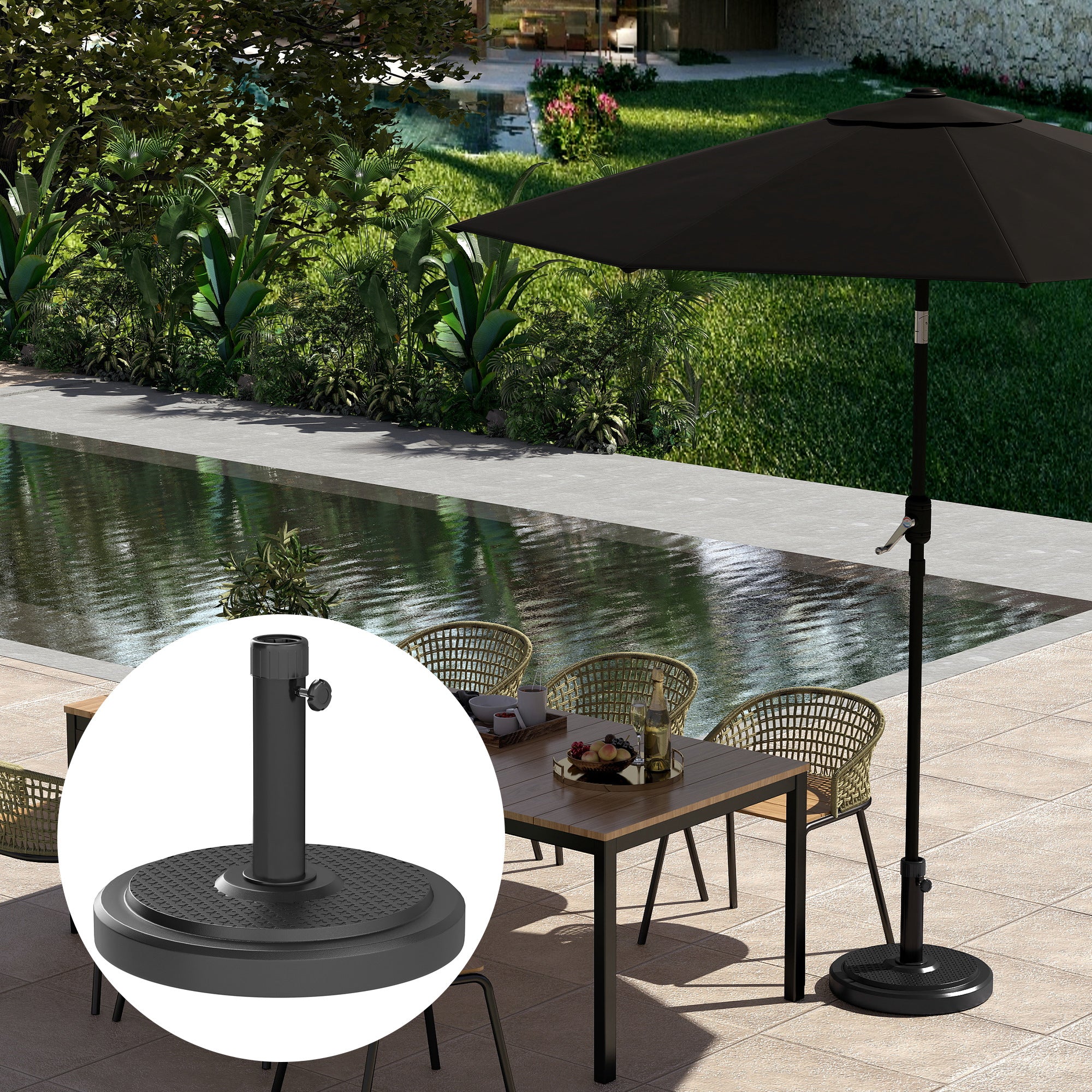 48 lbs Patio Umbrella Base Round HDPE Umbrella Base For 1.5" or 1.9" Outdoor Umbrella Poles Î¦18.9" x 15.2" H Black