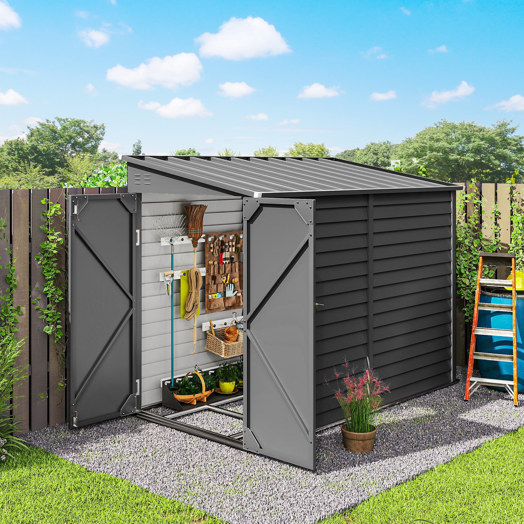 4.6' x 9' Steel Outdoor Storage Shed, Lean to Shed, Metal Tool House with Foundation Kit, Lockable Doors, Gloves and 2 Air Vents for Backyard, Patio, Lawn, Dark Grey