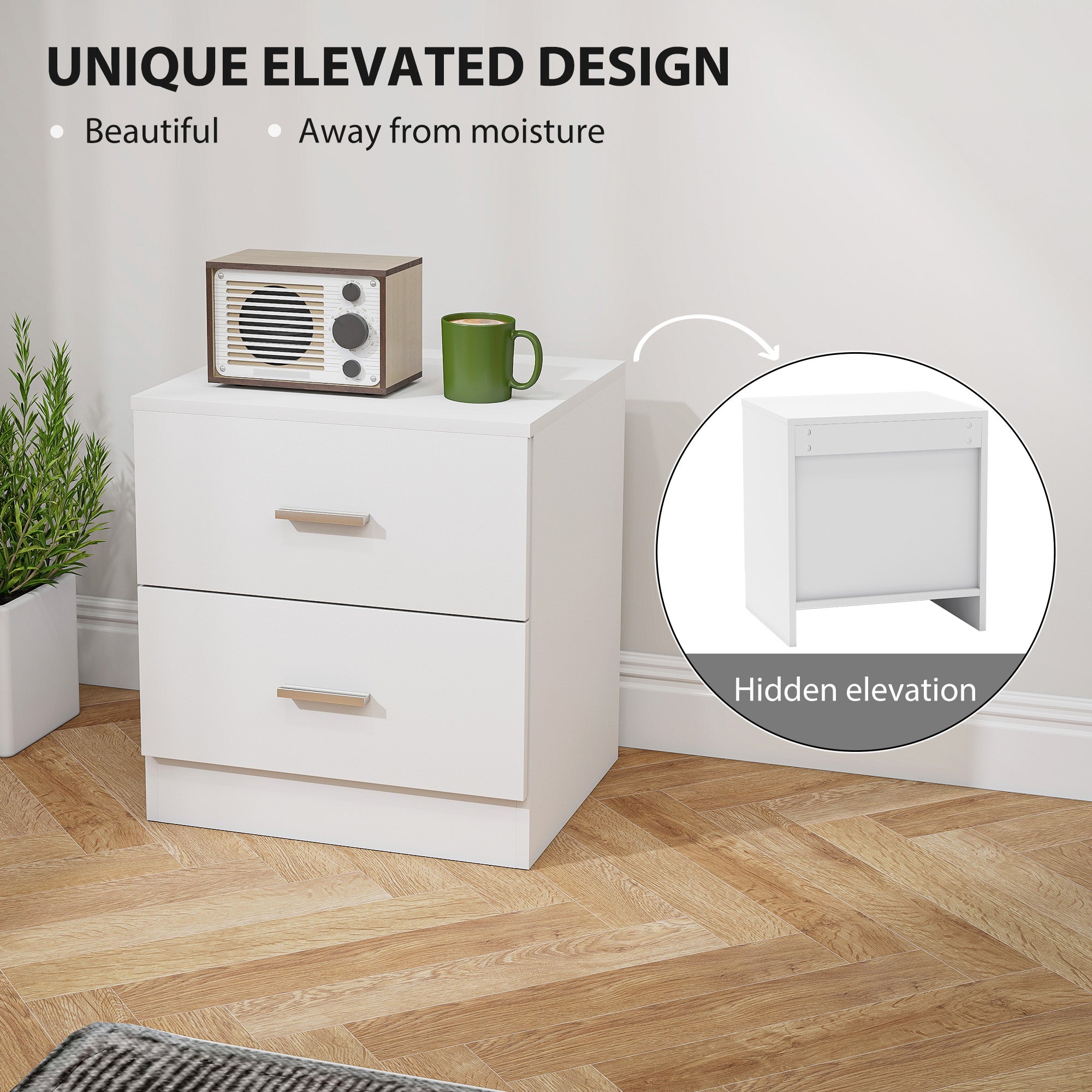 Bedside Table with 2 Drawers, Modern Nightstand for Bedroom, White