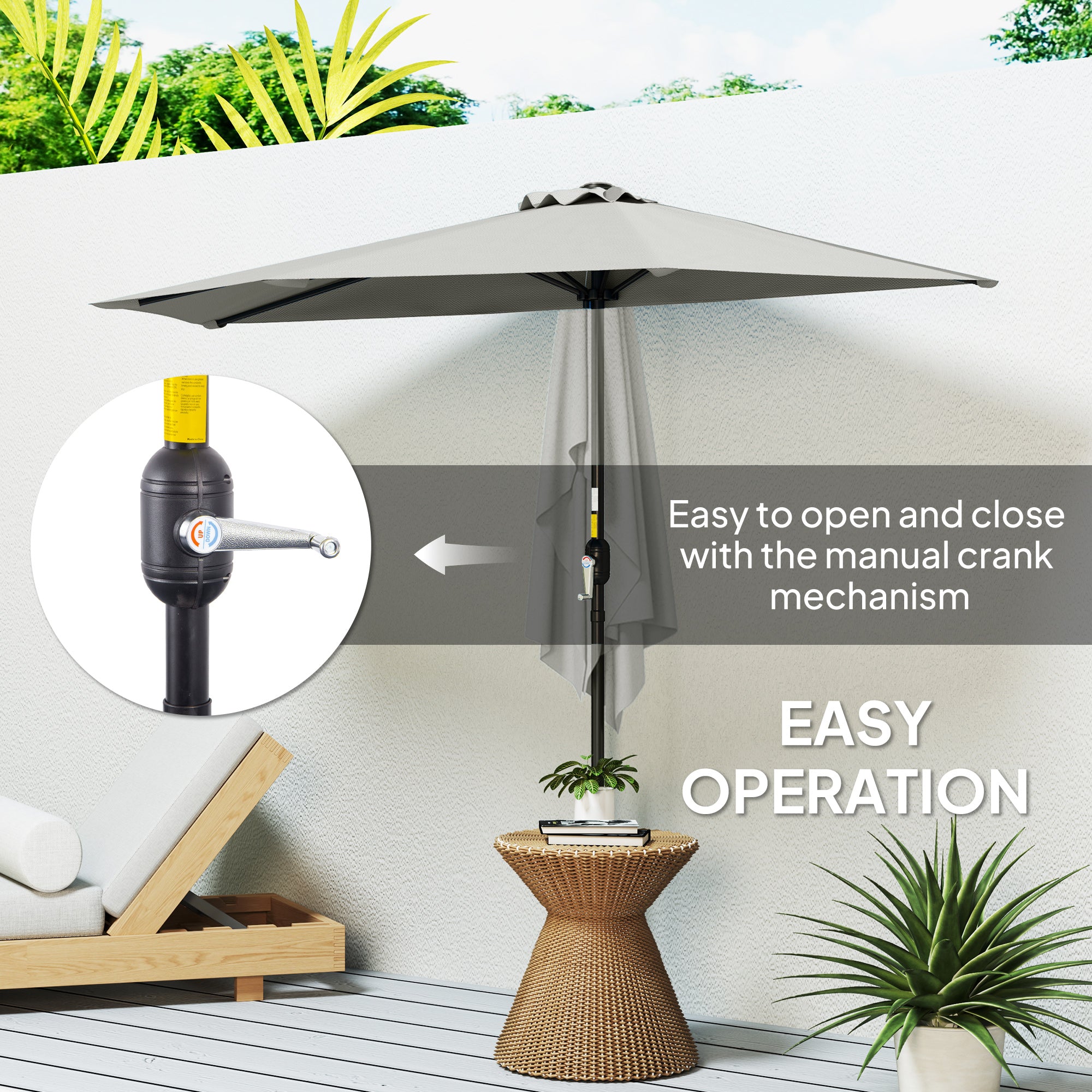 9ft Half Round Umbrella Outdoor Patio Garden Balcony Parasol Window Sun Shade w/ 5 Ribs Light Grey