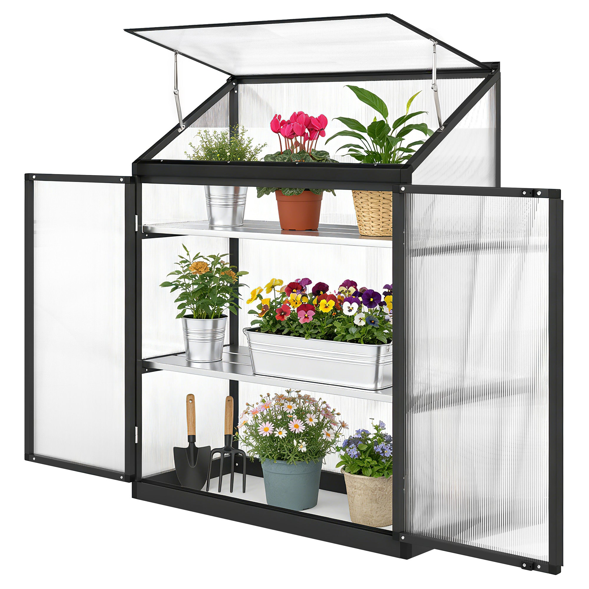 Polycarbonate Greenhouse with 2-Tier Shelves Gardening Green House for Patio Garden, Black