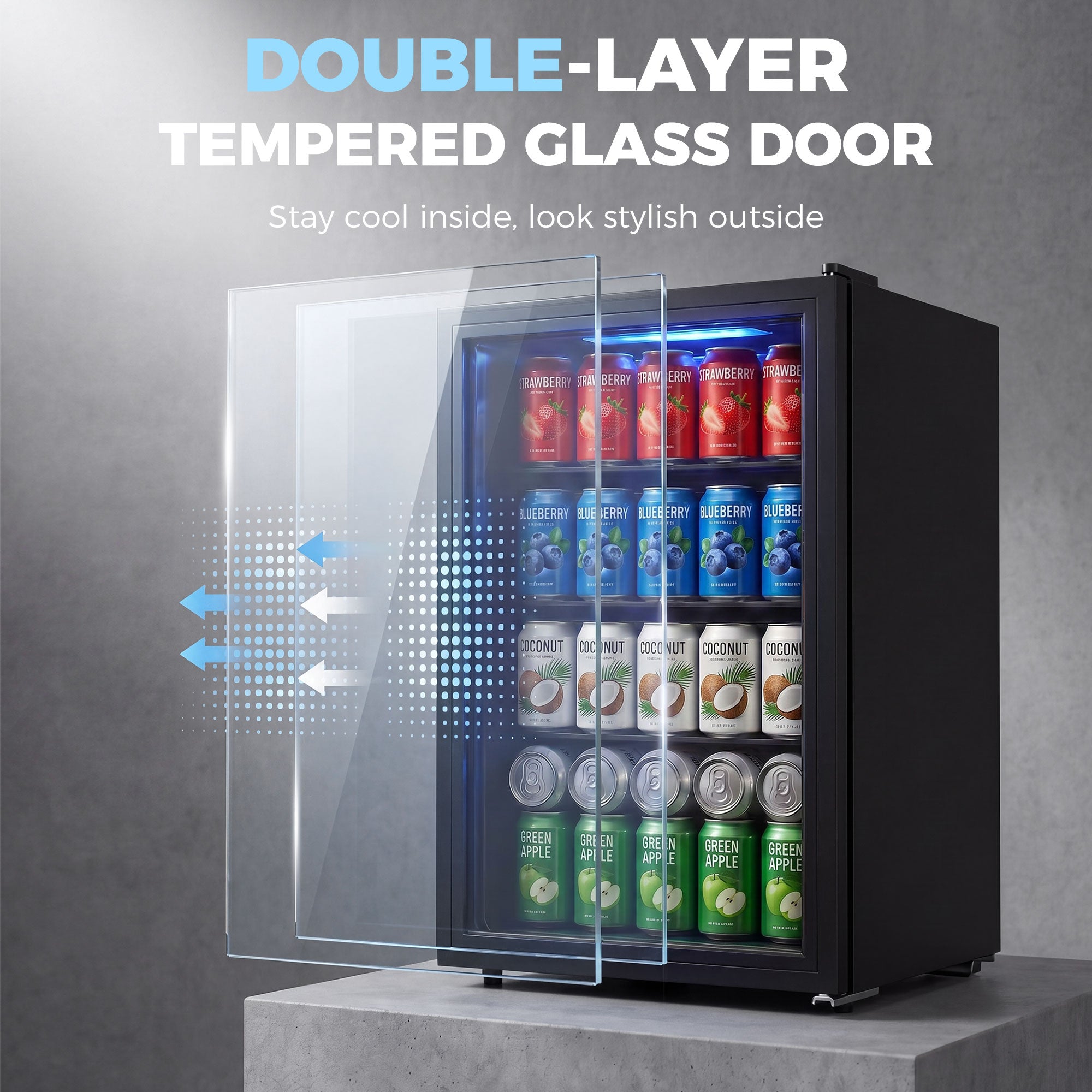 2.1 Cu.Ft Beverage Fridge, 85 Can Drink Fridge with Glass Door, Auto-Defrost and LED Lights for Soda, Beer, Black