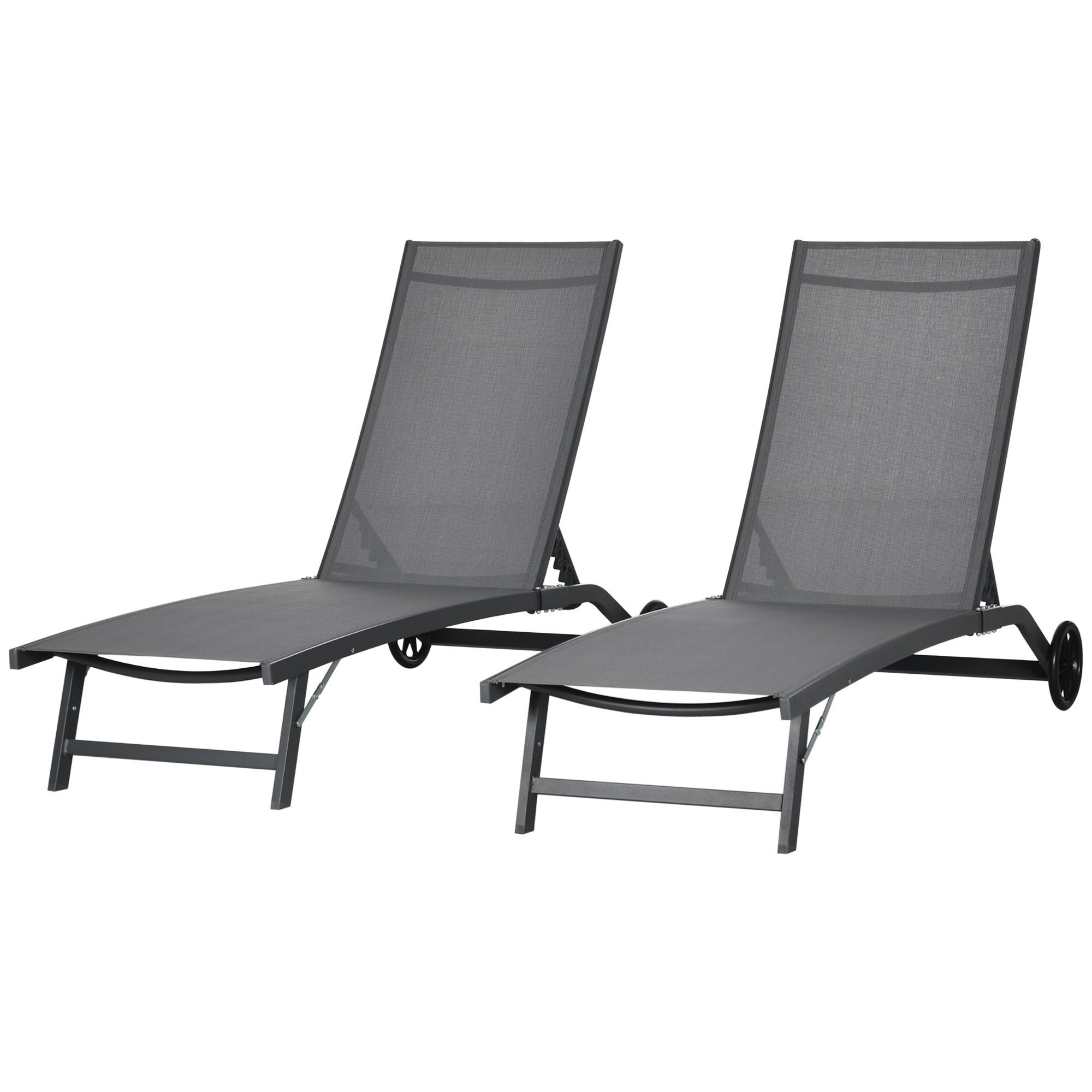 Outdoor Lounge Chair Set of 2, Tanning Chair with Wheels, Breathable Mesh for Patio, Backyard, Poolside, Dark Grey