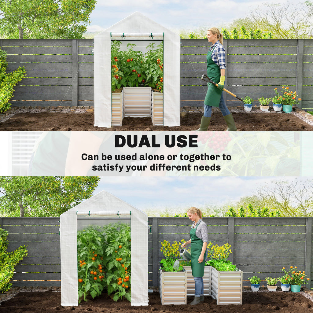 Greenhouse with Raised Garden Bed, Galvanized Metal Planter Box with PE Cover, Roll Up Door, 56" x 56" x 75", White