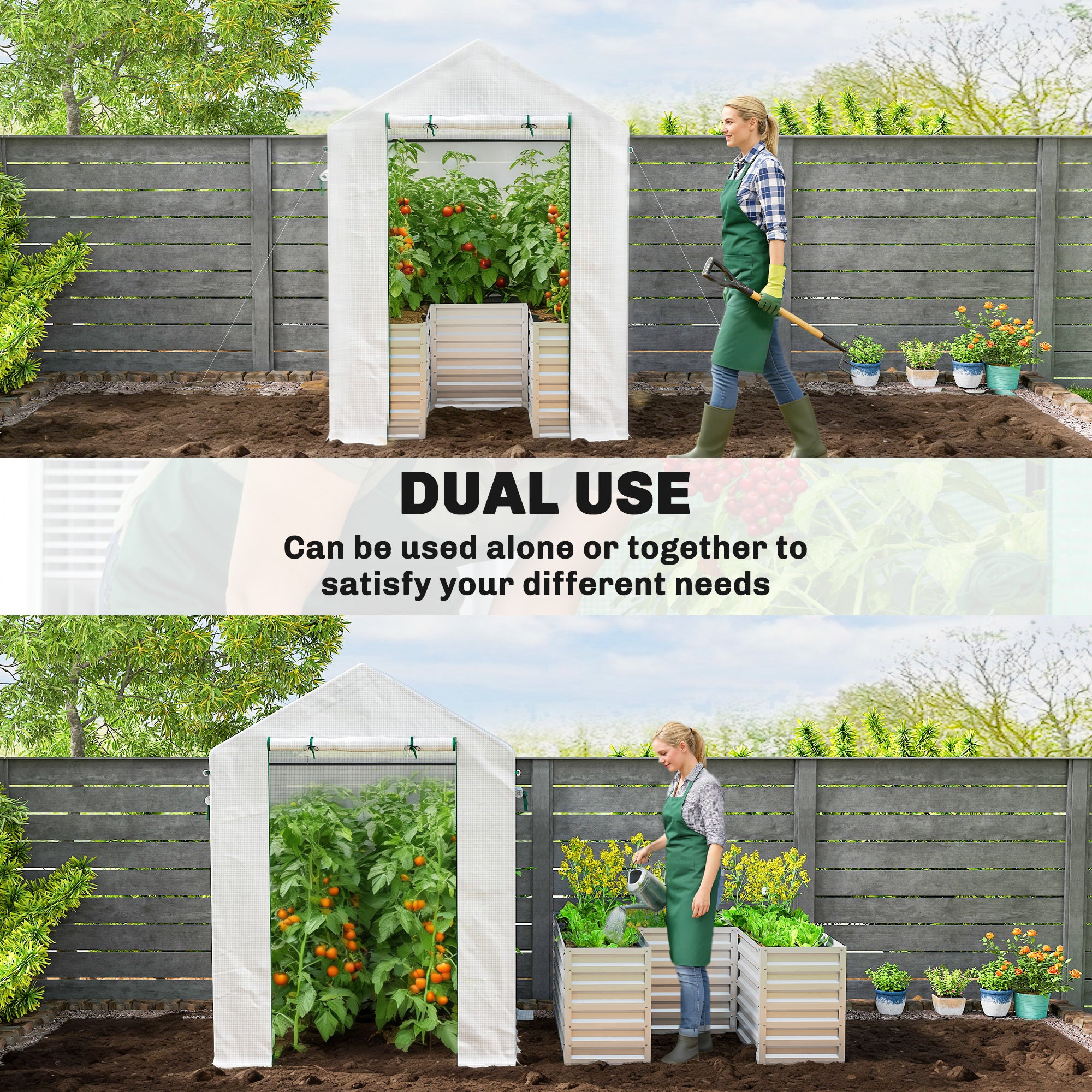 Greenhouse with Raised Garden Bed, Galvanized Metal Planter Box with PE Cover, Roll Up Door, 56" x 56" x 75", White