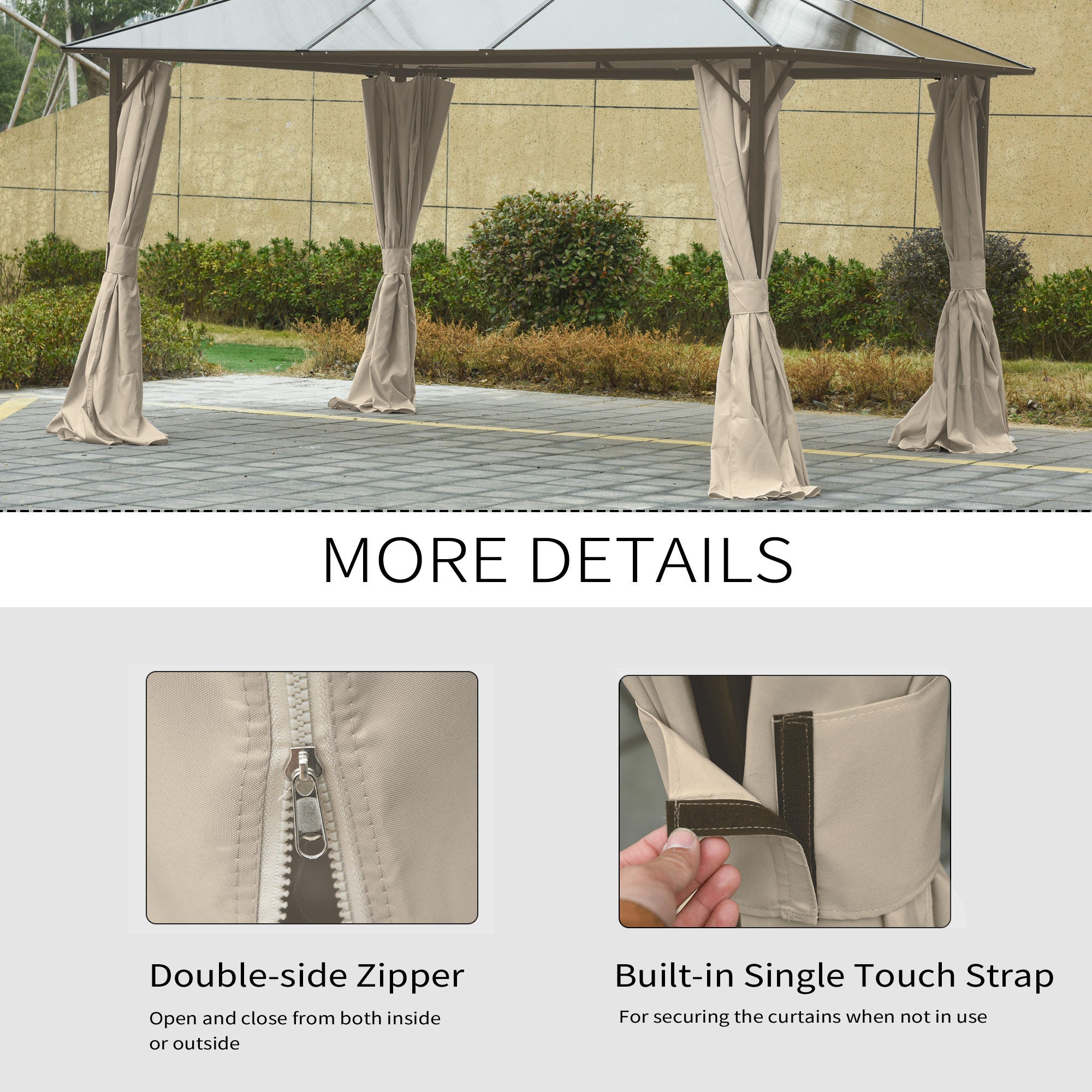 Gazebo Curtains, 10' x 12' Universal Replacement Privacy Curtain, 4-Panels Sidewall with Hooks/C-Rings, Beige