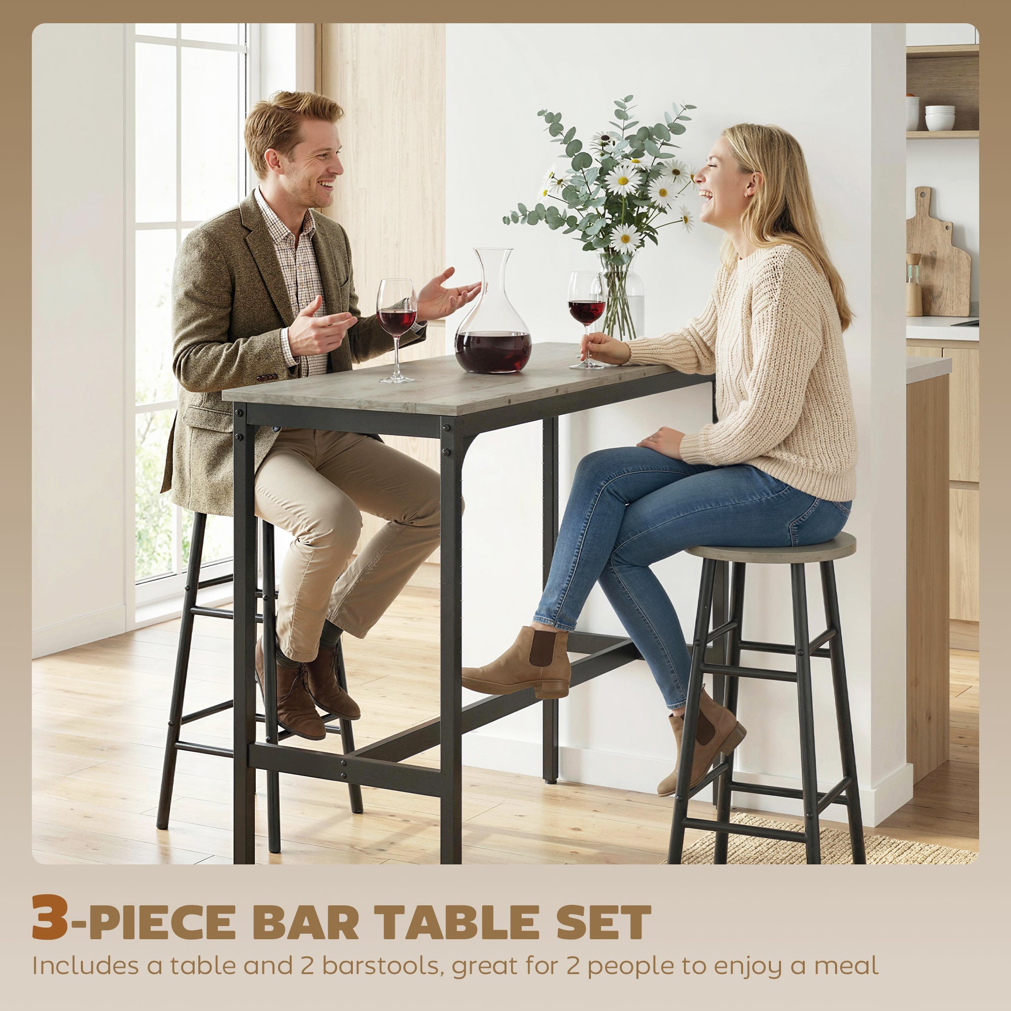 3-Piece Counter Height Bar Table and Chairs, Dining Table and Chairs Set for 2, Pub Table and Chairs