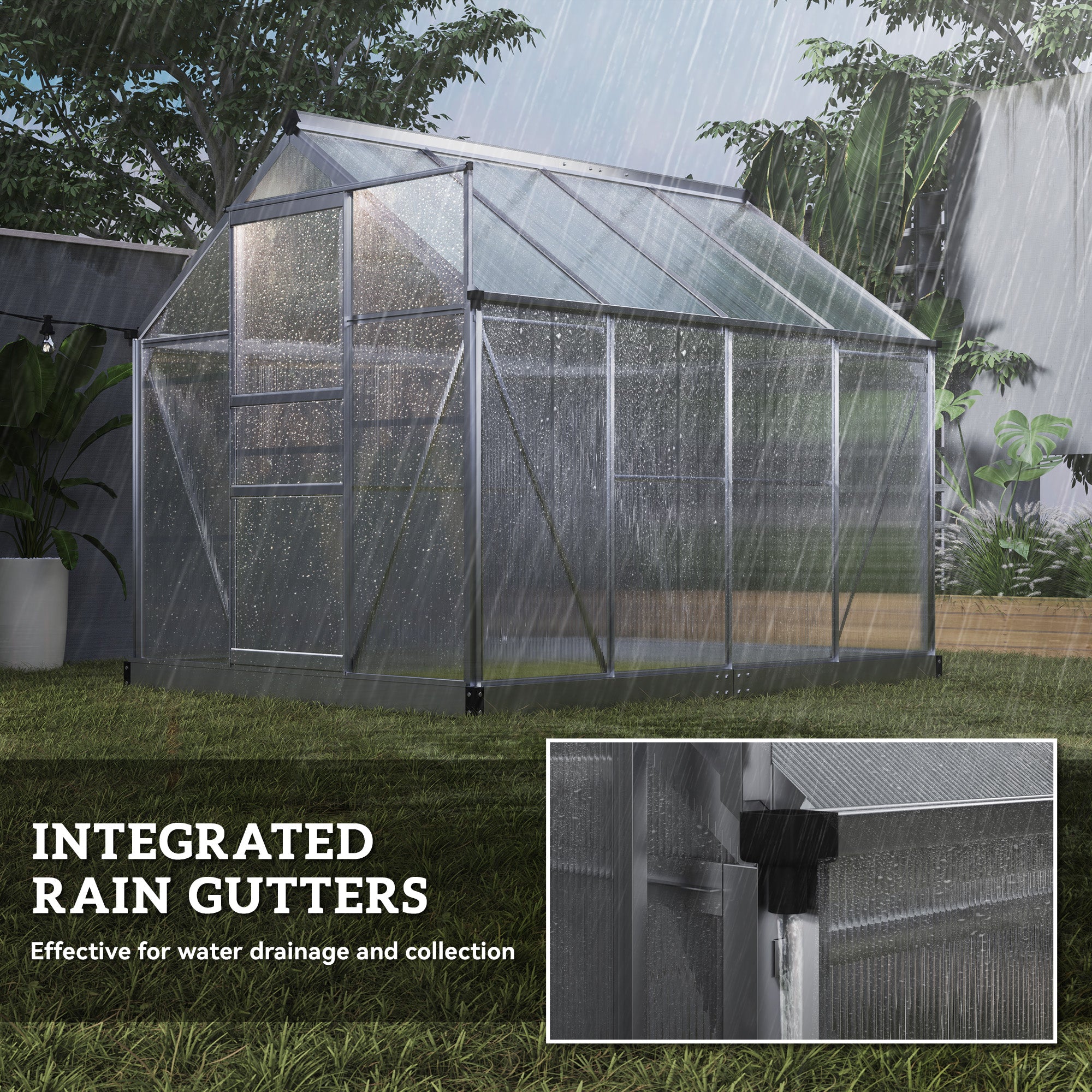6' x 8' x 6.6' Polycarbonate Greenhouse, Walk-In Green House Kit Garden, Plants Grow, Galvanized Sheet Aluminum Frame with Rain Gutter, Vent and Sliding Door, Silver