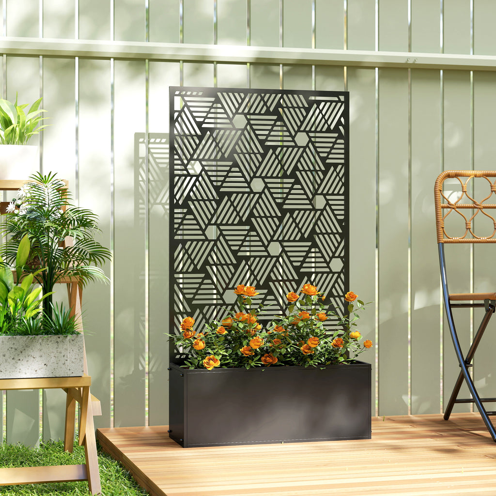 Metal Planter Box with Trellis, 44.5" Tall Raised Garden Bed with Privacy Screen, Hexagon and Line Cut-Out