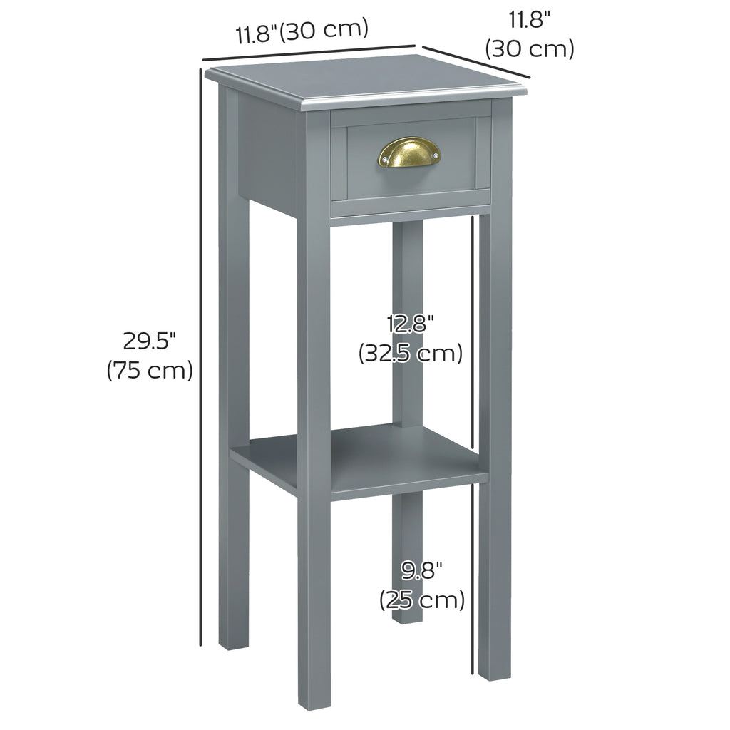 Bedside Table Set of 2, Narrow Side Table with Drawer and Shelf, 2 Tier Tall Nightstand for Bedroom, Grey
