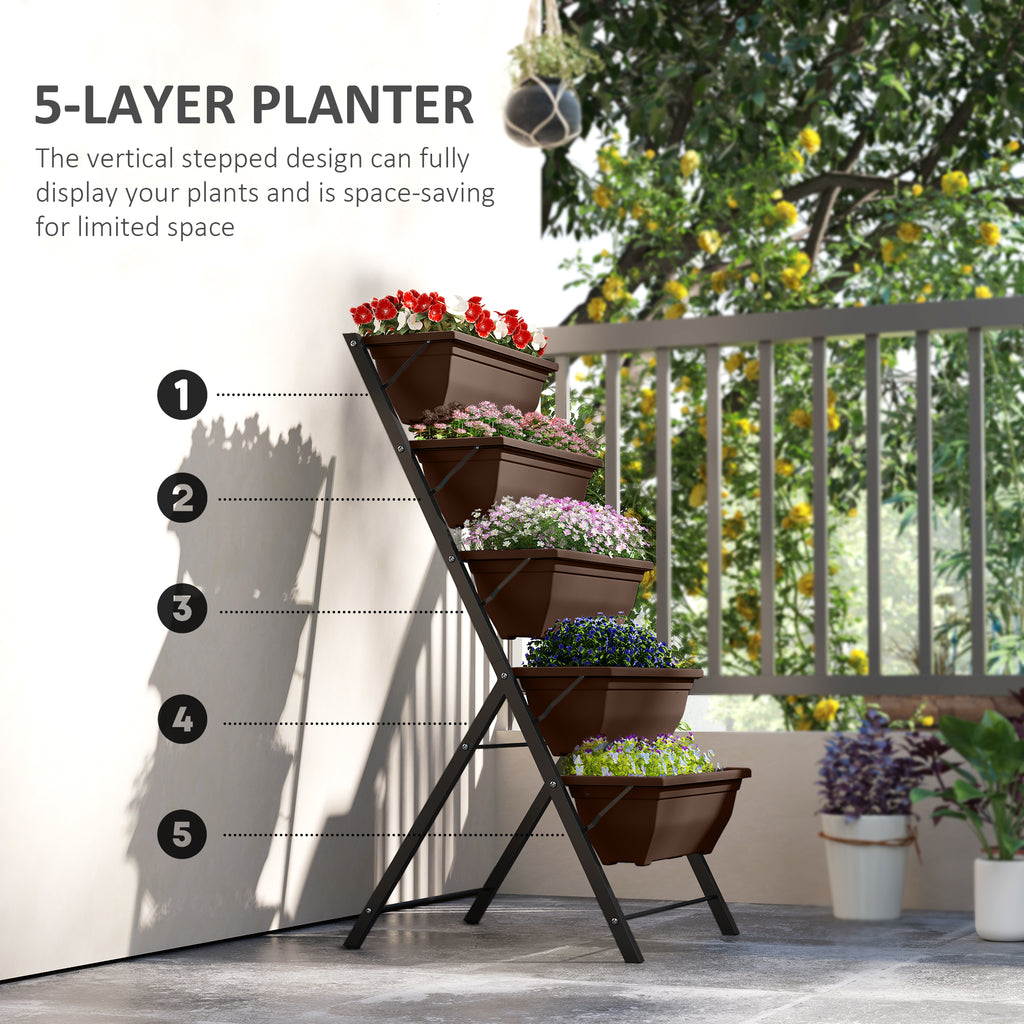 5-Tier Raised Garden Bed with 5 Planter Box, Outdoor Plant Stand Grow Containers with Leaking Holes, Brown