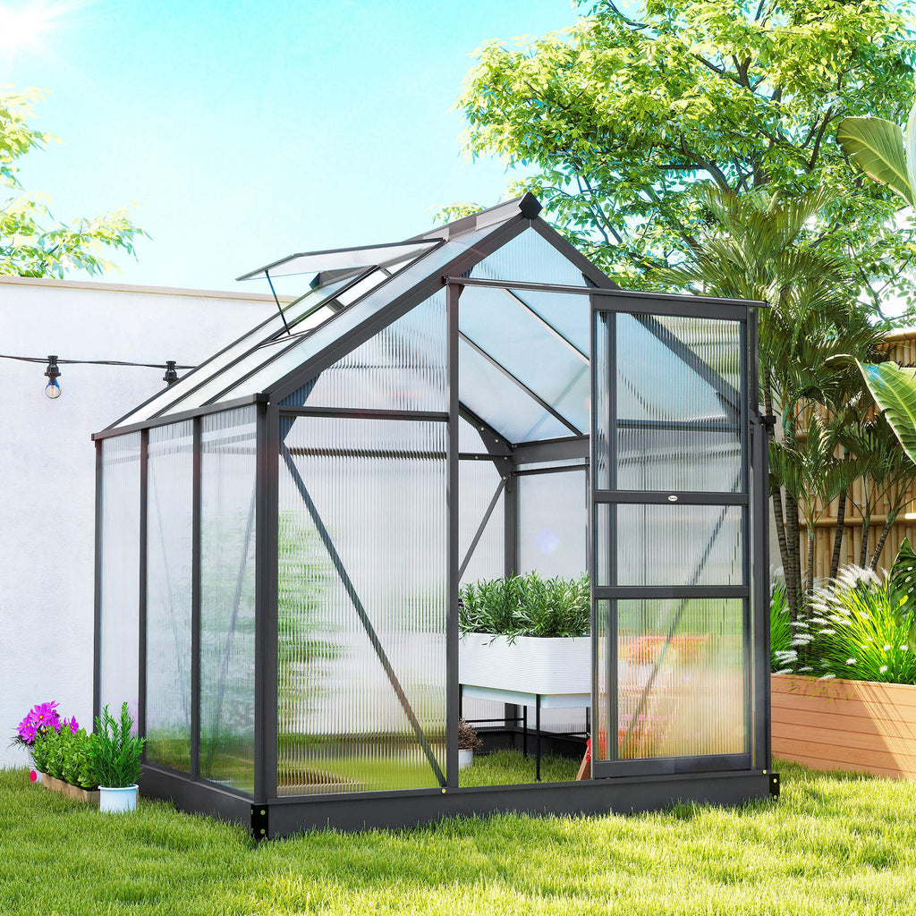 Patio Greenhouse with Rain Gutters, Rooftop Vent, Outdoor Greenhouse Kit, 6.2' x 6.3' x 6.6', Grey