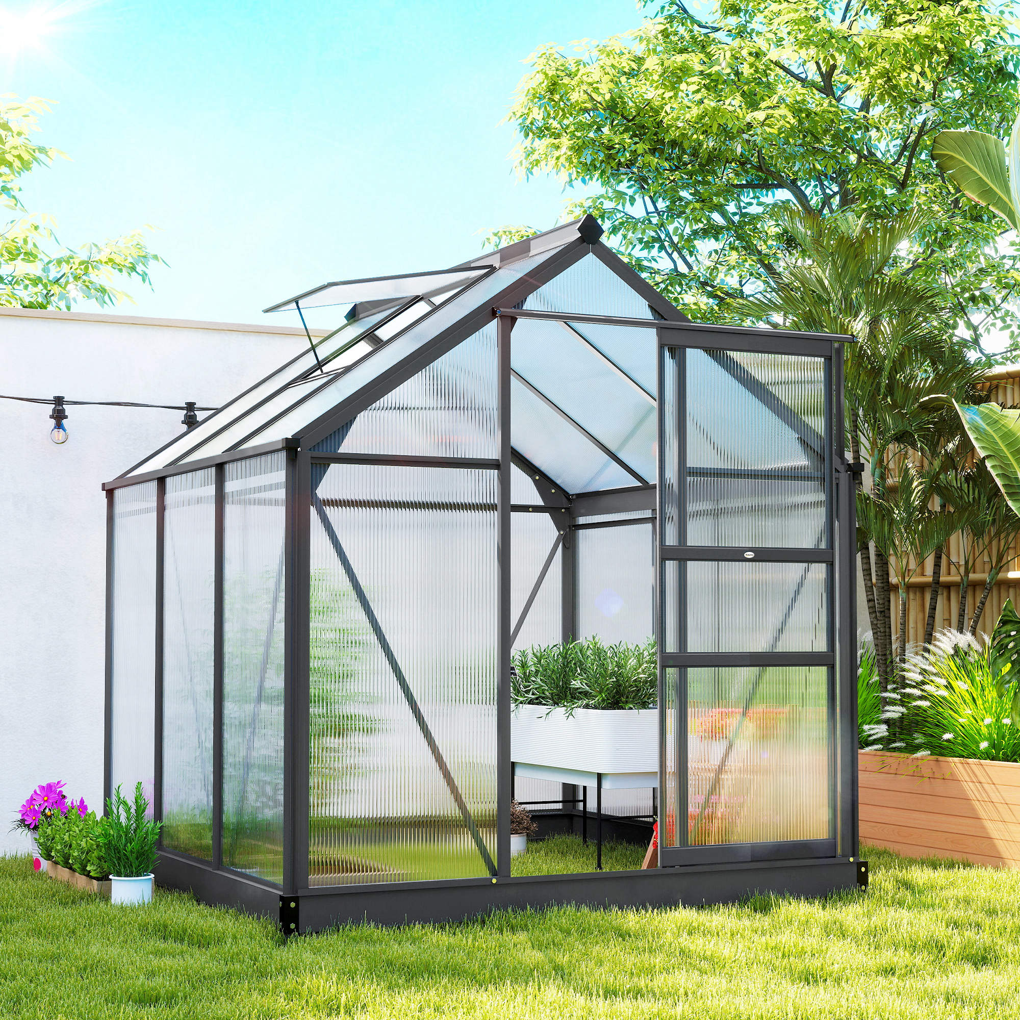Patio Greenhouse with Rain Gutters, Rooftop Vent, Outdoor Greenhouse Kit, 6.2' x 6.3' x 6.6', Grey