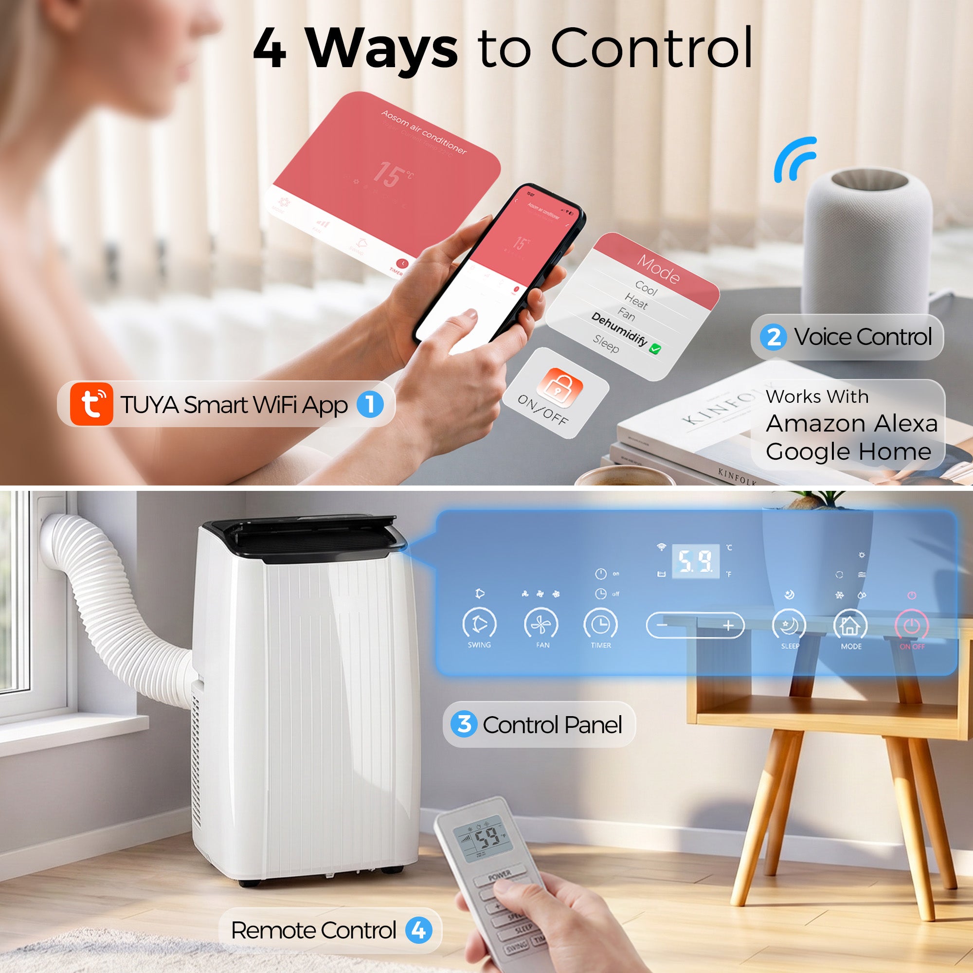14000 BTU 5-in-1 Portable Air Conditioner with Cool, Heat, Dehumidifier, Fan, Sleep, WiFi Voice Control, White