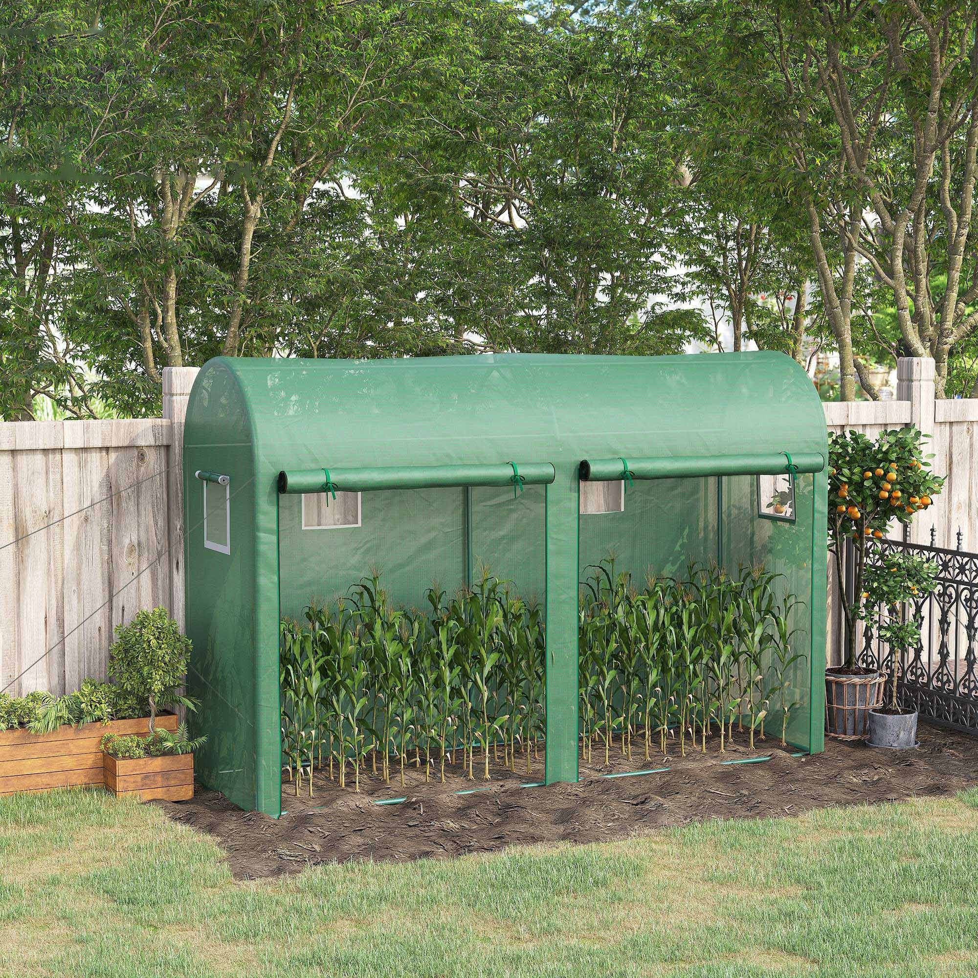 Outdoor Garden Greenhouse, Steel Greenhouse tent with 2 Doors and 4 Windows for Backyard, Patio, 9.8'x3.3'x6.6', Green