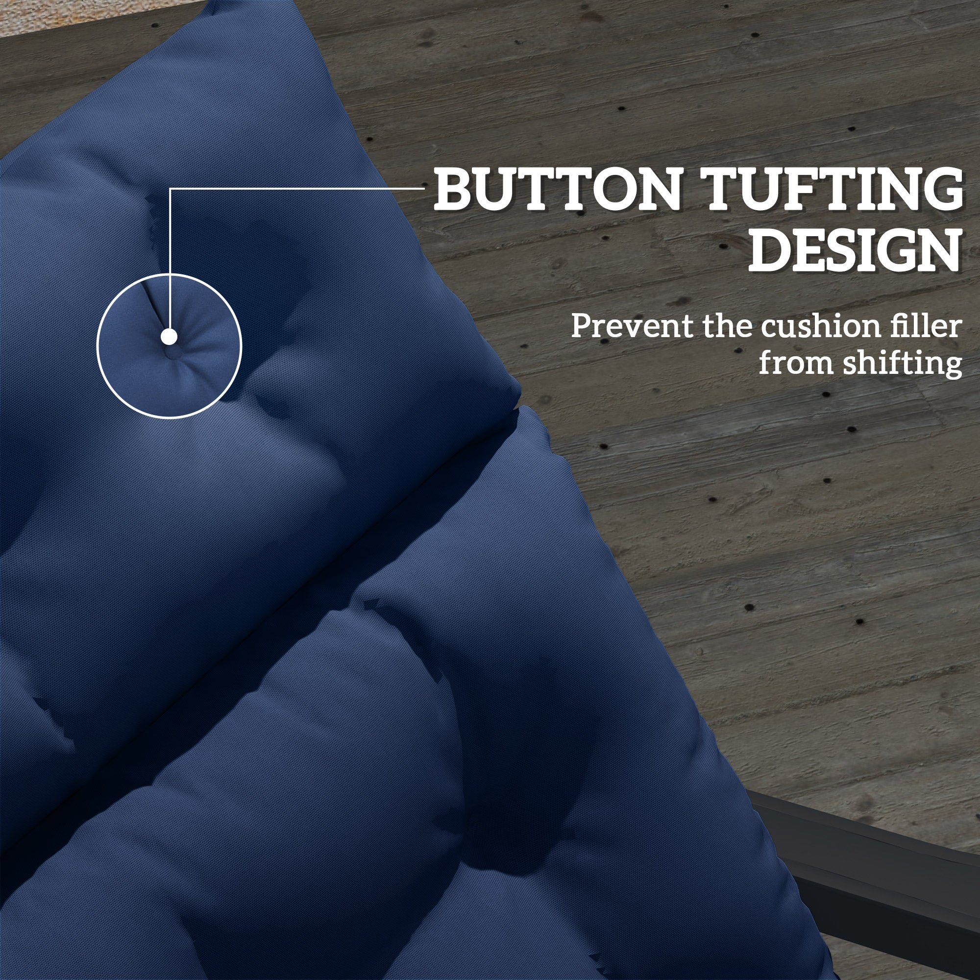 Patio Lounge Chair Cushion, Tufted Thick Outdoor Chaise Lounge Cushion with Ties, 74.8" x 22" x 4", Navy Blue