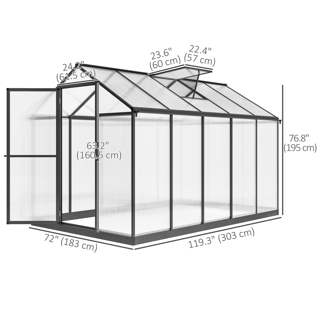 Polycarbonate Greenhouse, Aluminum Walk-In Green House Kit Garden, 6' x 10' x 6.4', Charcoal Grey
