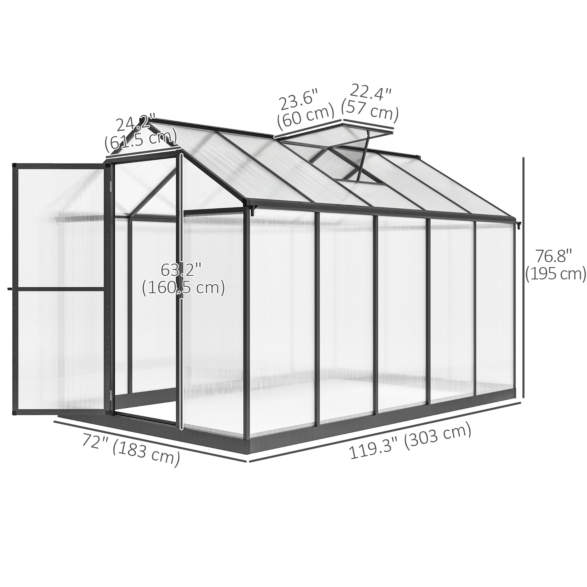 Polycarbonate Greenhouse, Aluminum Walk-In Green House Kit Garden, 6' x 10' x 6.4', Charcoal Grey