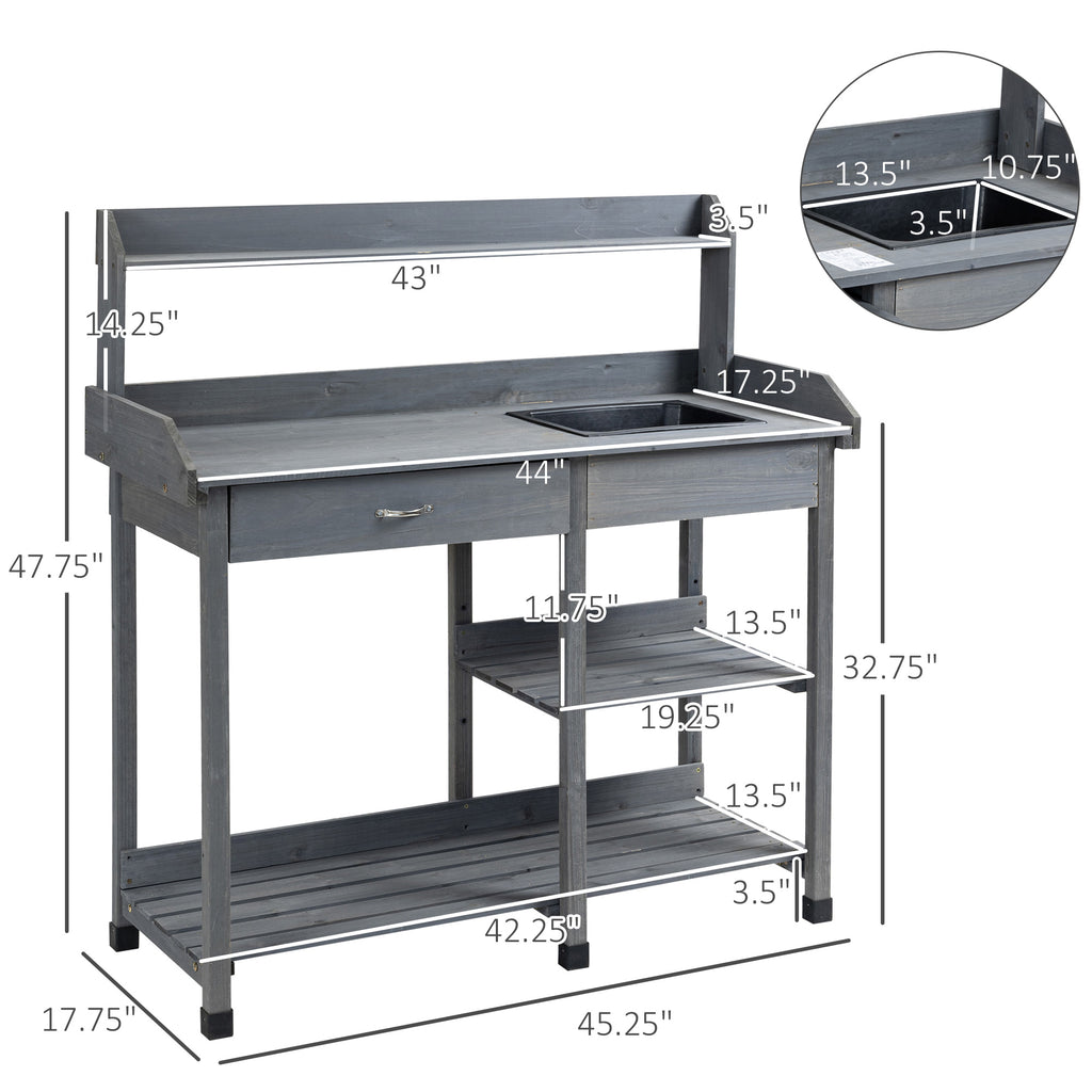 Potting Bench Table Garden Work Bench Workstation with Drawer, Removable Sink, Storage Shelves and Hooks for Patio, Courtyards, Balcony