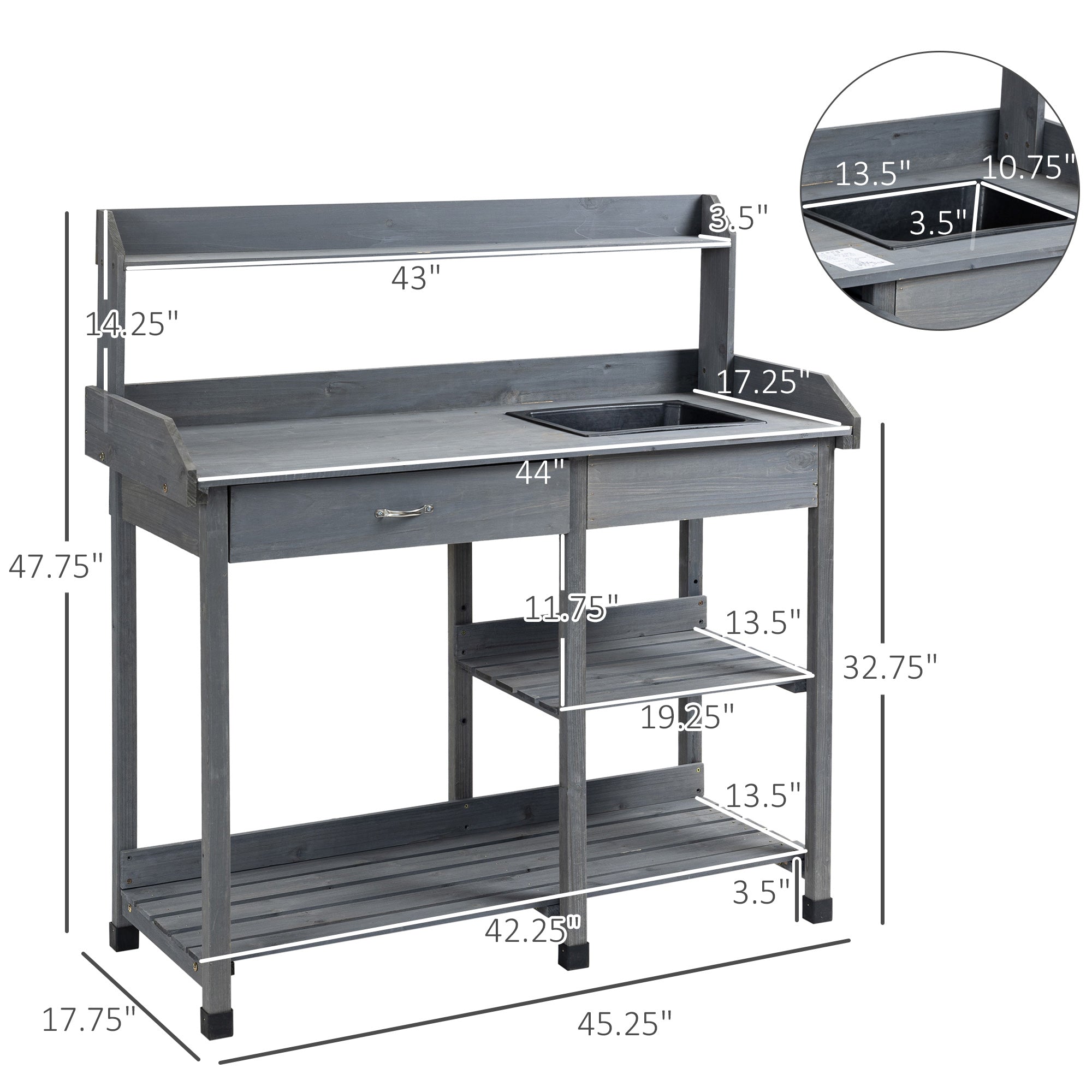 Potting Bench Table Garden Work Bench Workstation with Drawer, Removable Sink, Storage Shelves and Hooks for Patio, Courtyards, Balcony