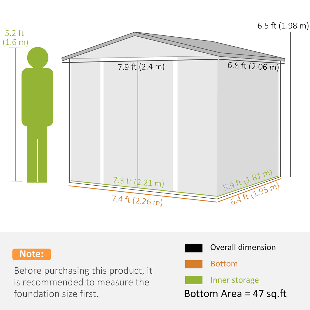 8' x 7' Outdoor Storage Shed, Galvanized Steel Metal Garden Shed with Lockable Doors, Floor Frame, Vents, Lock and Gloves for Backyard, Lawn, Patio, Teak
