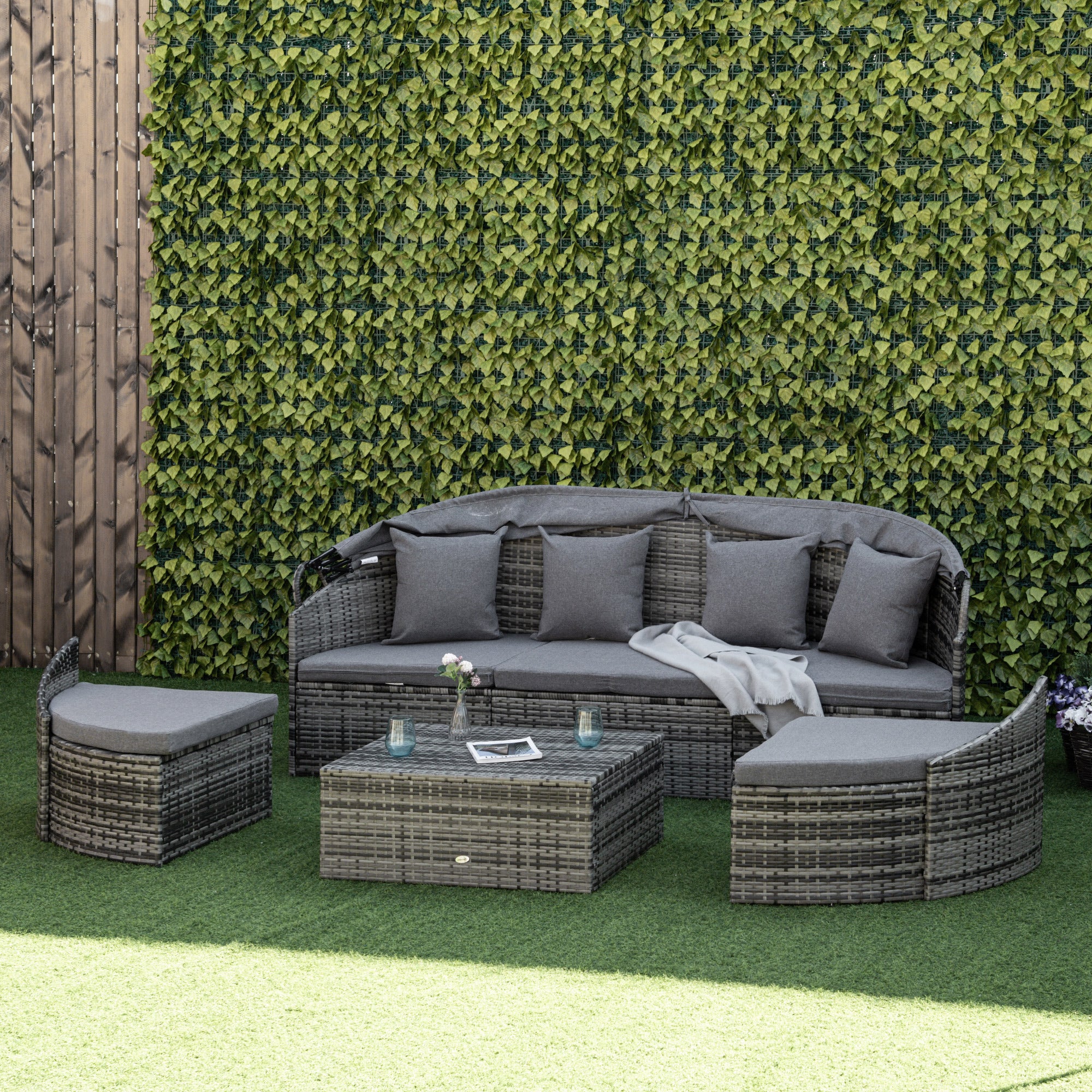 4 Pieces Patio PE Wicker Round Daybed, Outdoor Rattan Garden Lounge Furniture Sets, Grey