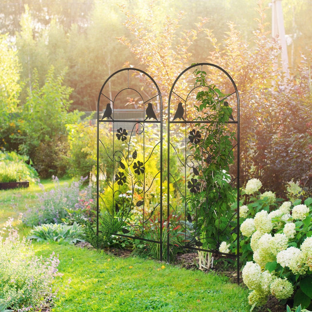 2 Pack Outdoor Metal Garden Trellis, Birds and Leaves Grid Panels for Roses, Vine Flower, Cucumber, Clematis, 39" Tall