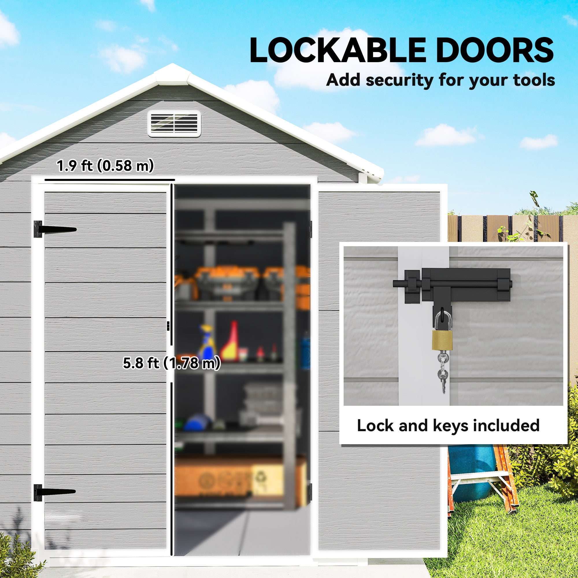 6x5 Plastic Garden Storage Shed with Floor Window Lockable Doors and Vents Outdoor Wood Effect Grey