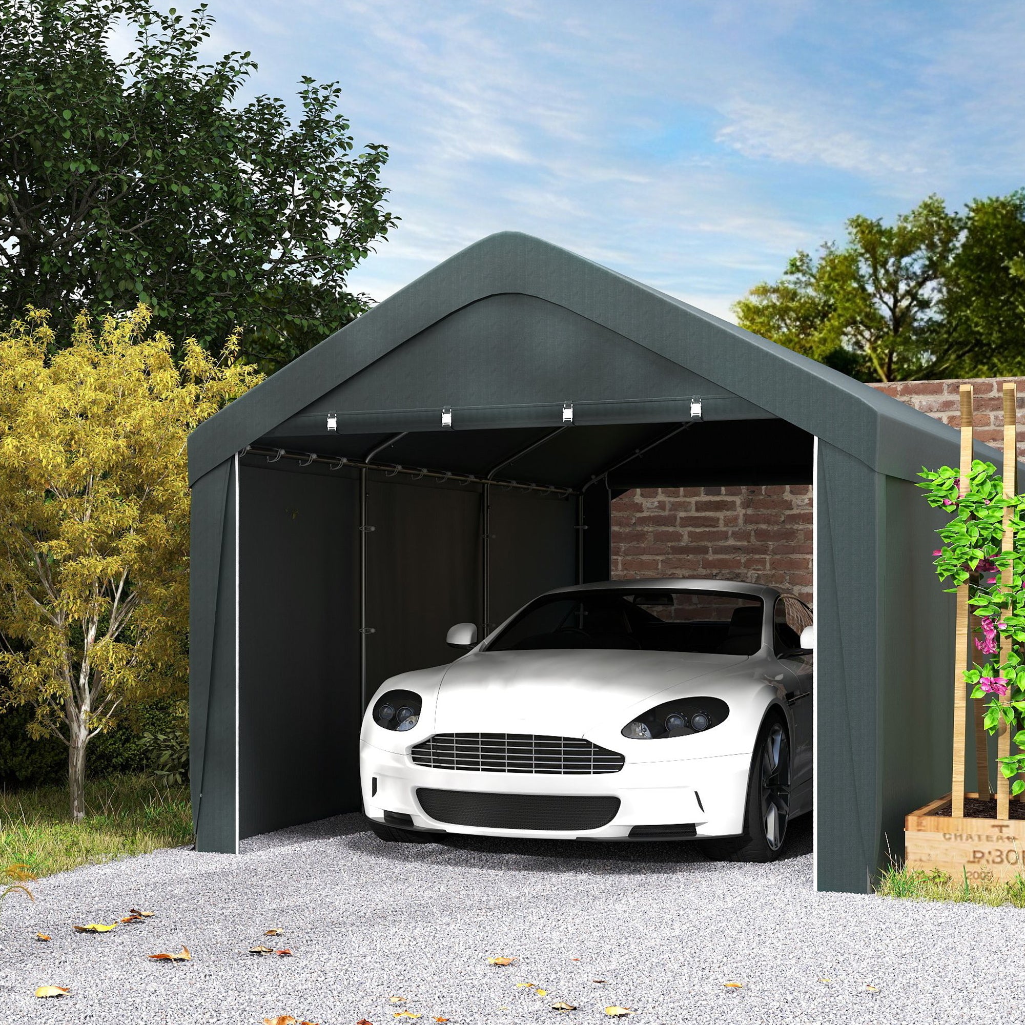 Carport, 10 x 20 ft Portable Garage with 2 Roll-Up Doors and Removable Sidewalls for Car, Truck, Boat, Dark Grey