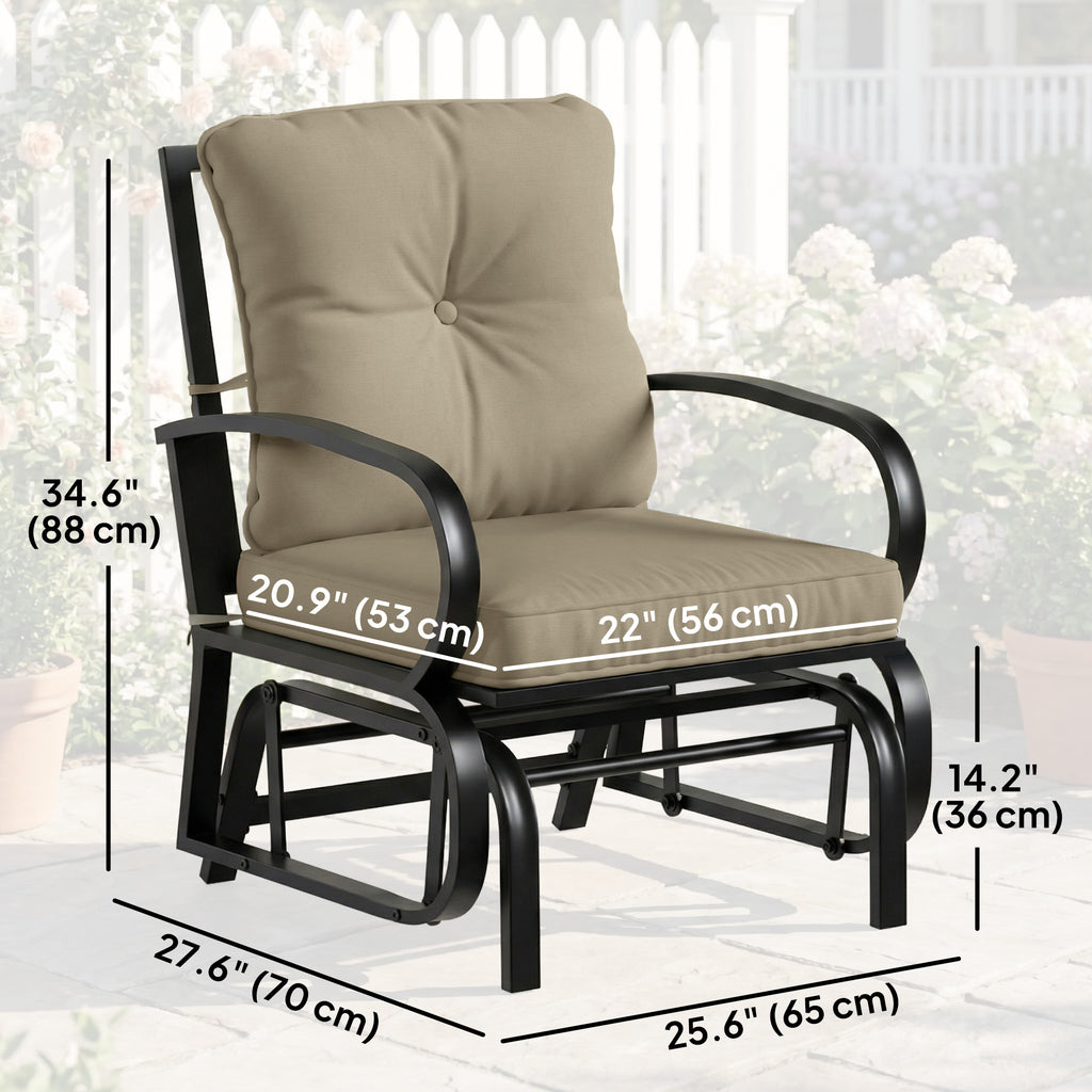 Patio Glider, Outdoor Glider Chair with Cushions, Steel Frame, Curved Armrests, Beige