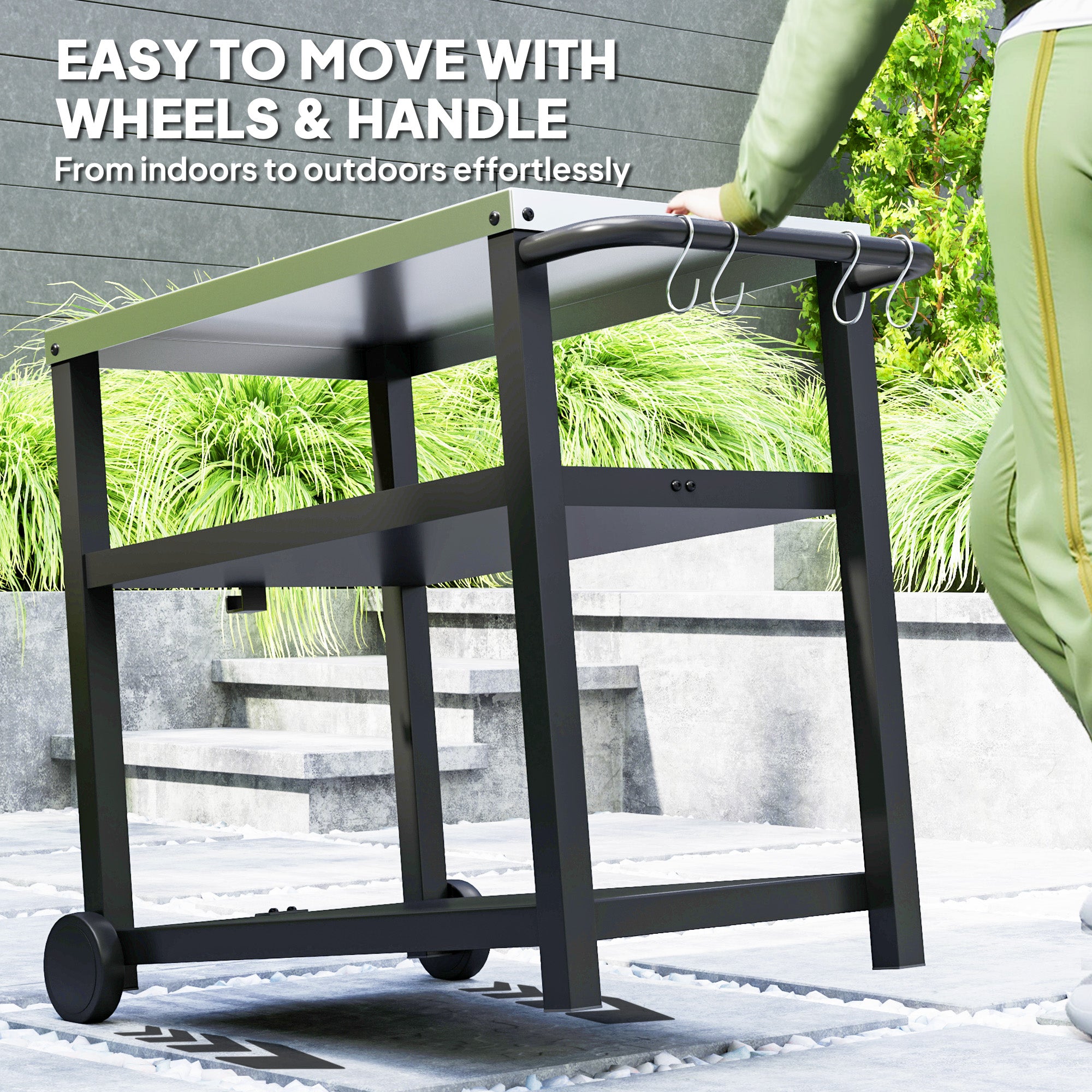 3-Shelf Outdoor Grill Dining Cart Pizza Oven Stand with Stainless Steel Top, Movable BBQ Food Prep Table Outdoor Kitchen Island with Hooks Wheels Handle, Charcoal Grey