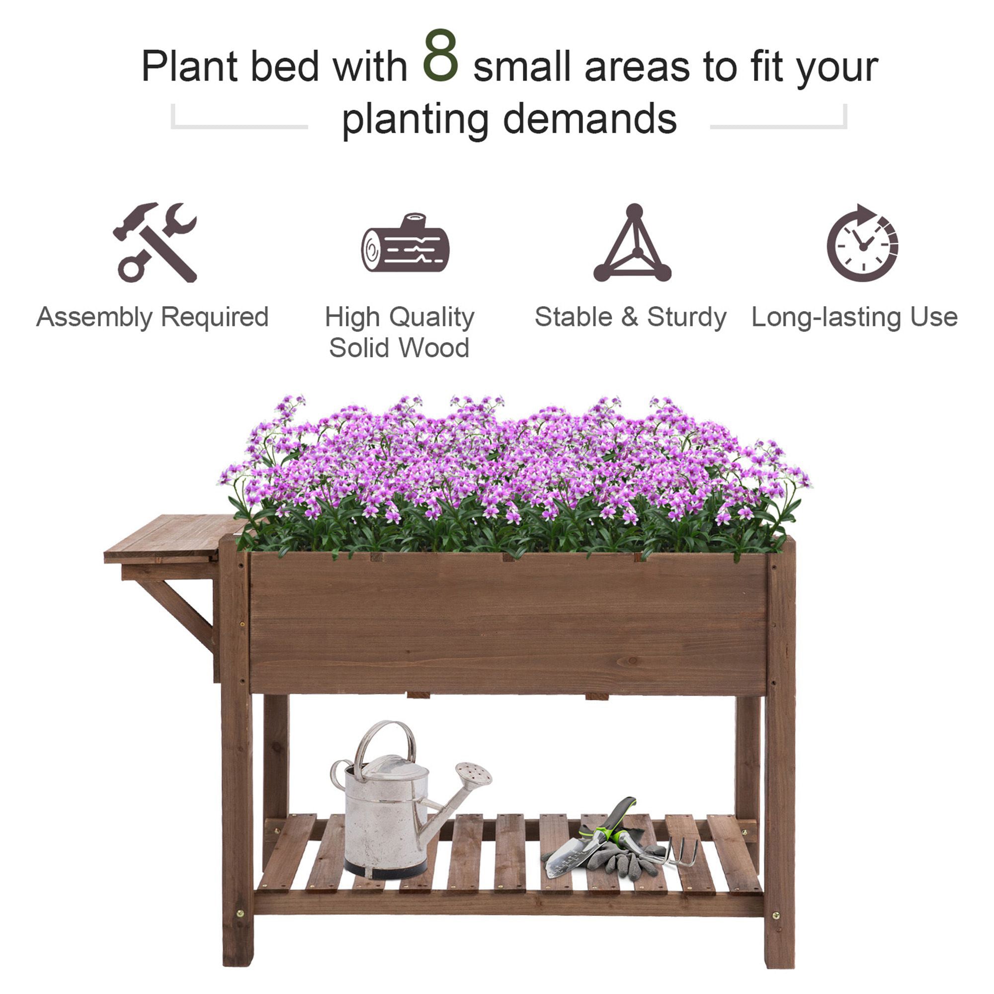 Raised Garden Bed with 8 Grids and Storage Shelf, Elevated Planter Box with Legs, for Vegetables Flowers Herbs, Brown