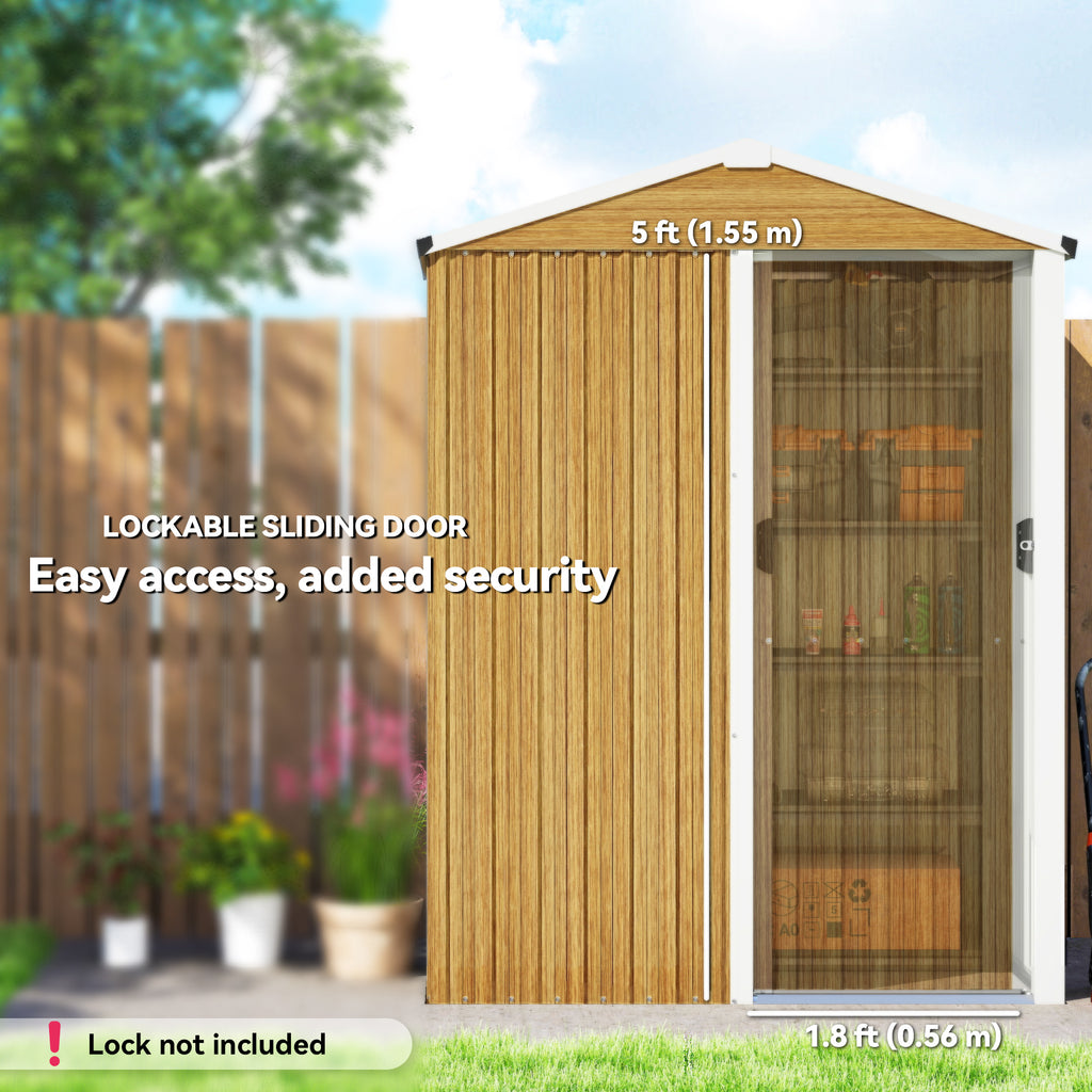 4.5 x 3ft Outdoor Storage Shed, Waterproof Metal Garden Shed with Lockable Door for Backyard, Patio, Lawn, Wood Grain