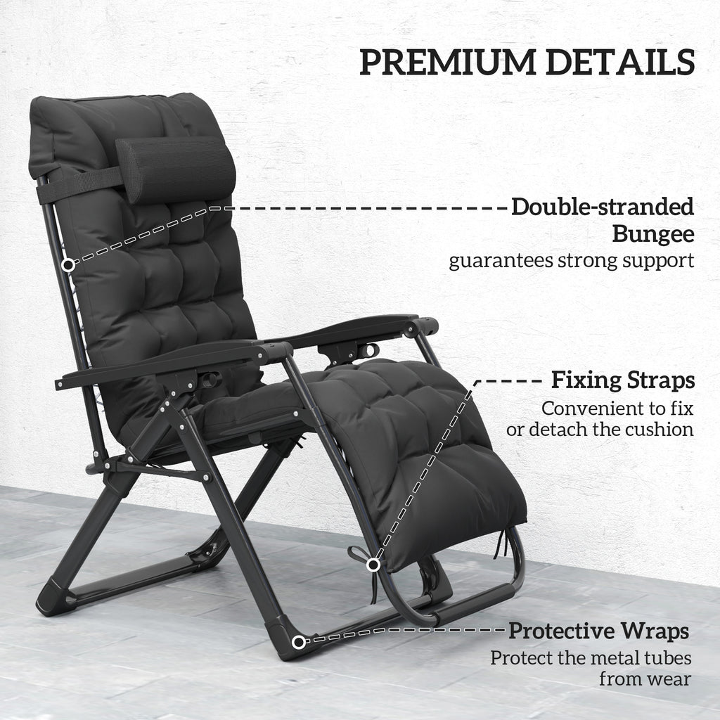 Folding Garden Chairs Set of 2, Reclining Zero Gravity Chair, Sun Lounger with Cushion and Headrest, Black