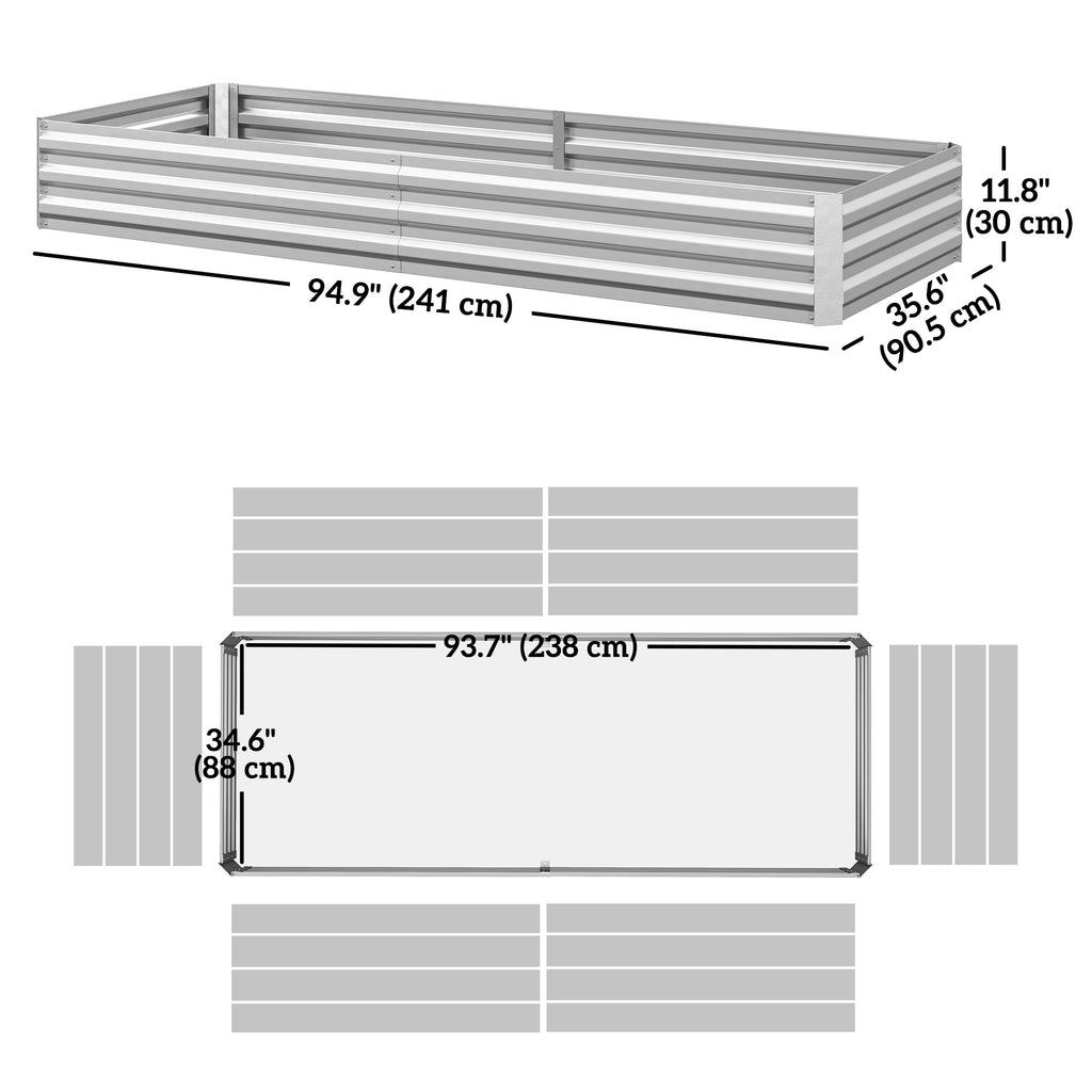 95" x 36" x 12" Galvanized Raised Garden Bed, Metal Elevated Planter Box for Growing Flowers, Herbs, Succulents, Silver