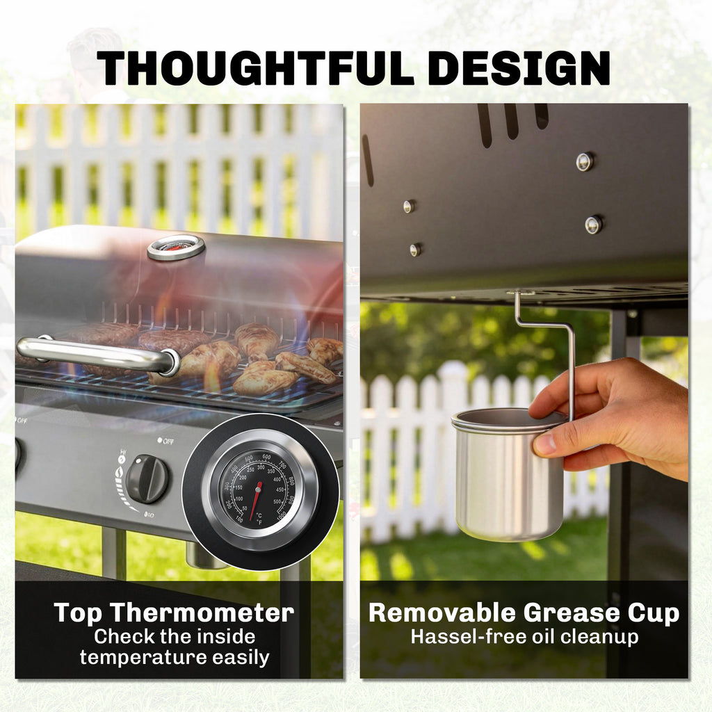 2-Burner Propane Gas Grill, 18000 BTU BBQ Grill with Wheels, Warming Rack, Shelf, Thermometer, Grease Cup, Black