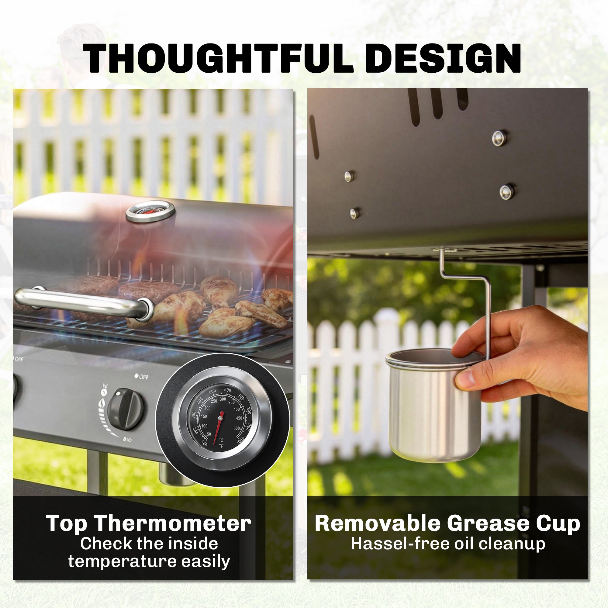 2-Burner Propane Gas Grill, 18000 BTU BBQ Grill with Wheels, Warming Rack, Shelf, Thermometer, Grease Cup, Black