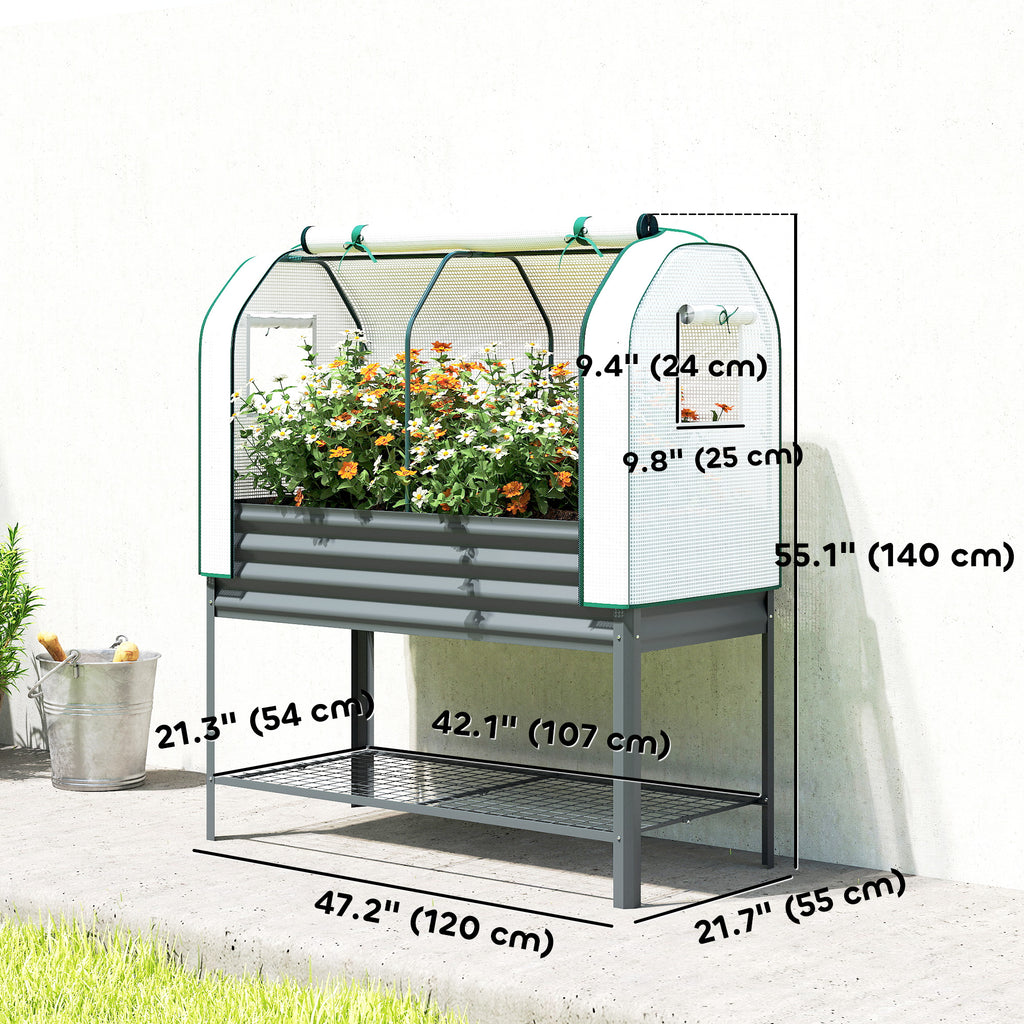 Galvanised Raised Garden Bed with Greenhouse Cover, Metal Elevated Planter Box with Bed Liner, Bottom Shelf, Dark Grey
