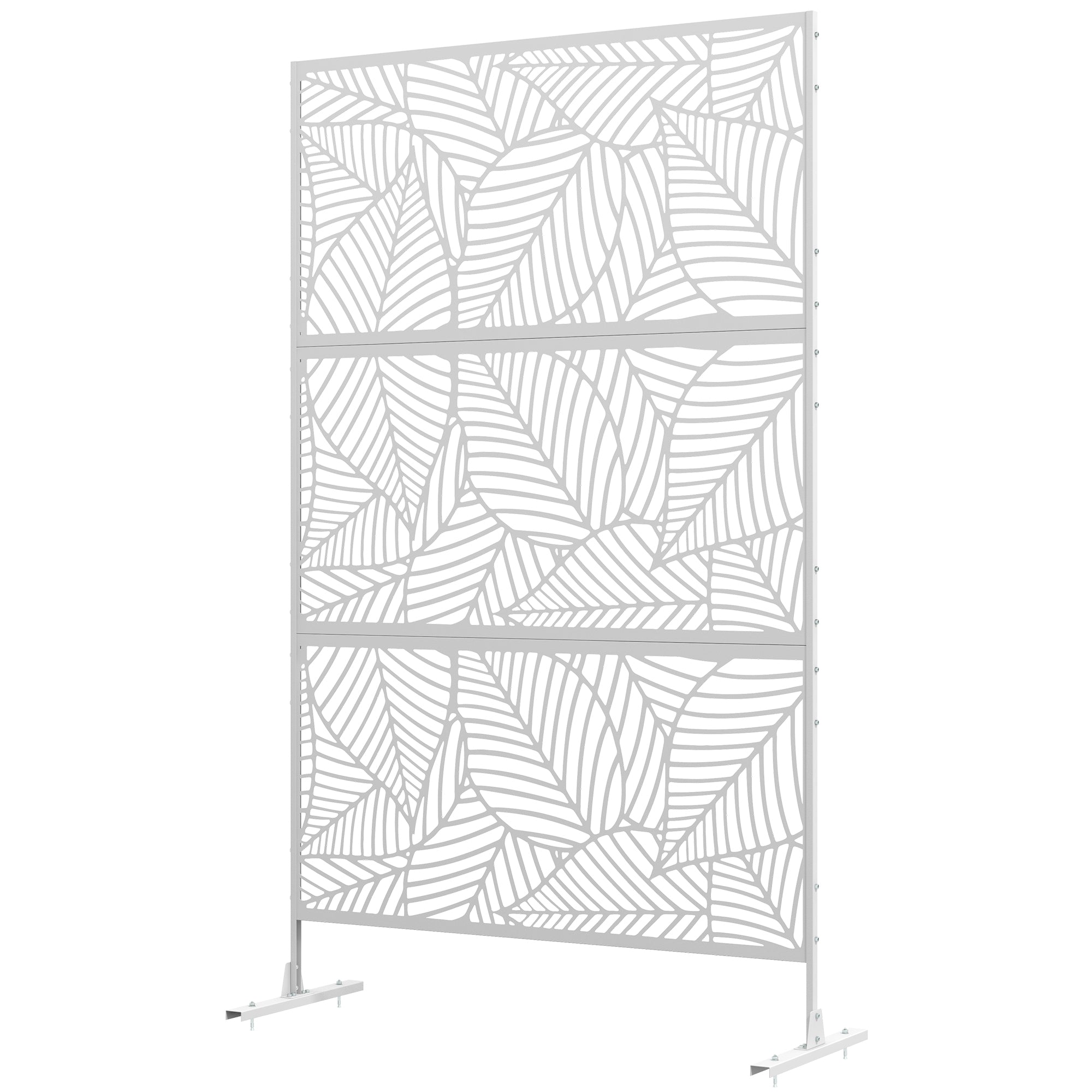 6.5FT Decorative Outdoor Divider, Metal Privacy Screen with Stand, Large Leaf Style, White