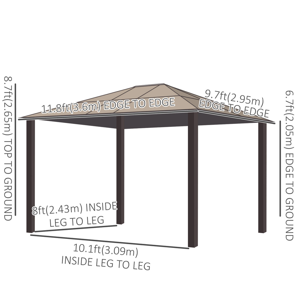 10' x 12' Hardtop Gazebo Canopy with Polycarbonate Roof, Aluminum Frame, Netting, Curtains and Ceiling Hook, Brown