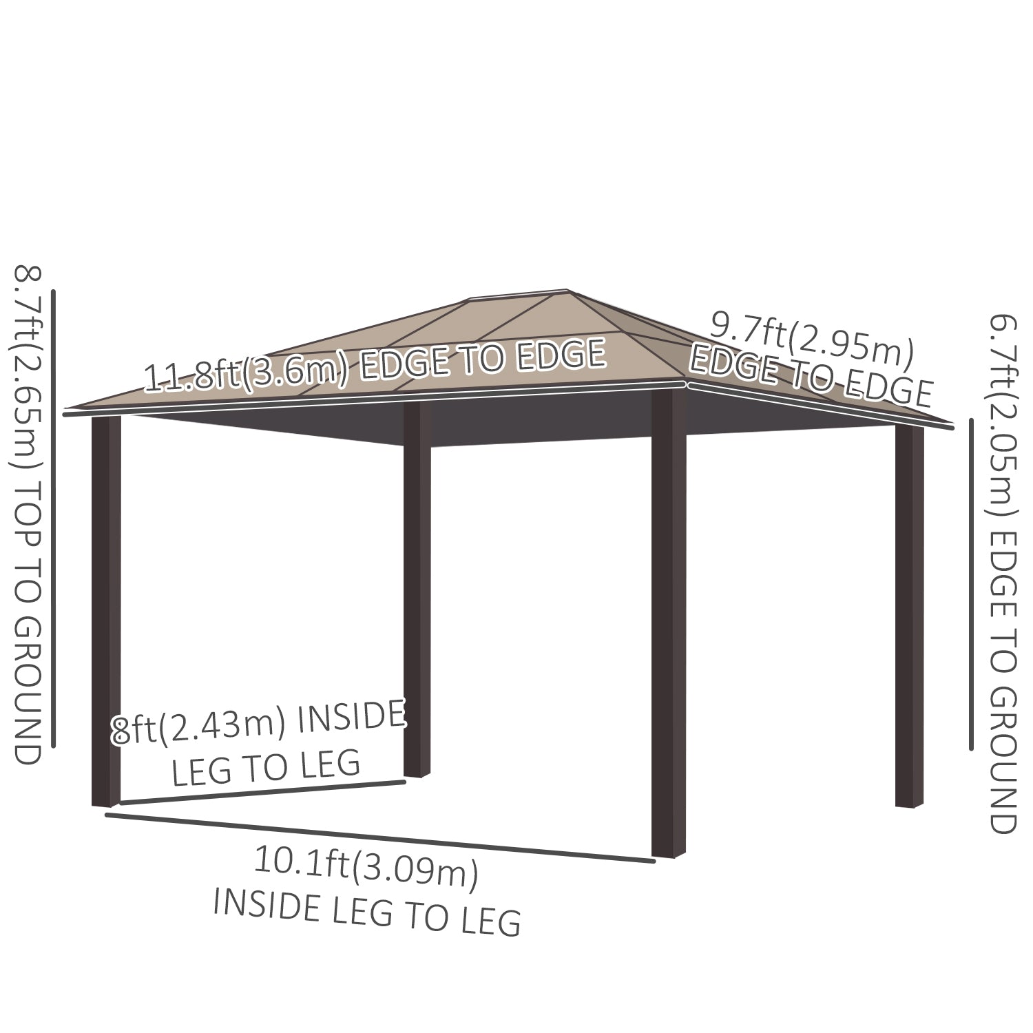 10' x 12' Hardtop Gazebo Canopy with Polycarbonate Roof, Aluminum Frame, Netting, Curtains and Ceiling Hook, Brown