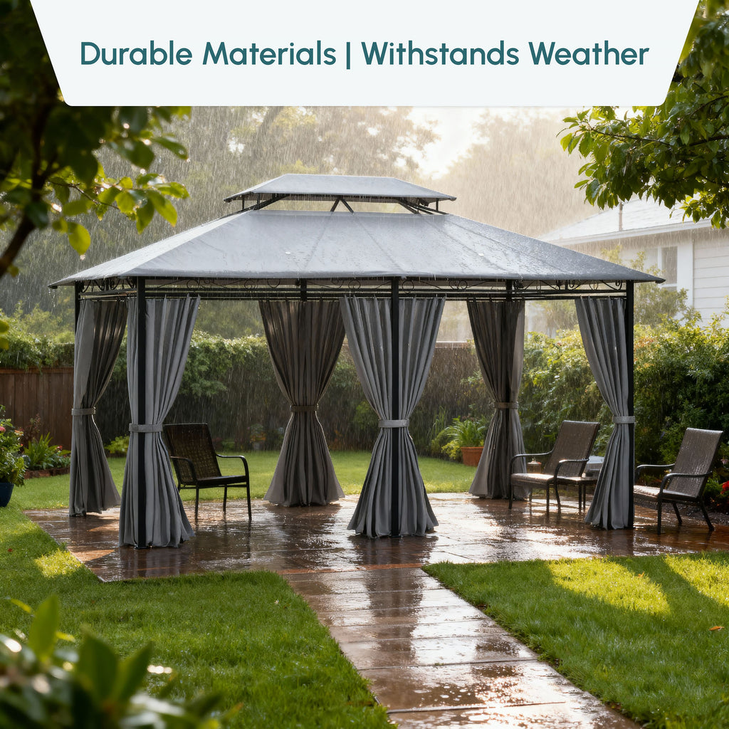 10' x 13' Patio Gazebo, 2-Tiers Outdoor Canopy Sunshade Shelter with Curtains, Dark Grey