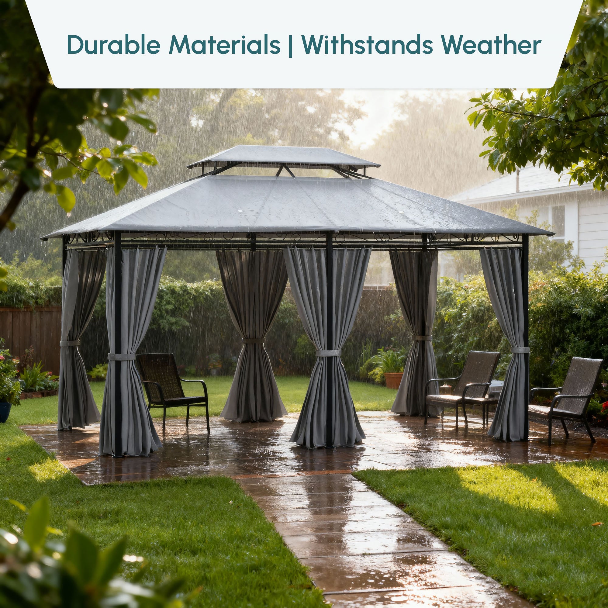 10' x 13' Patio Gazebo, 2-Tiers Outdoor Canopy Sunshade Shelter with Curtains, Dark Grey
