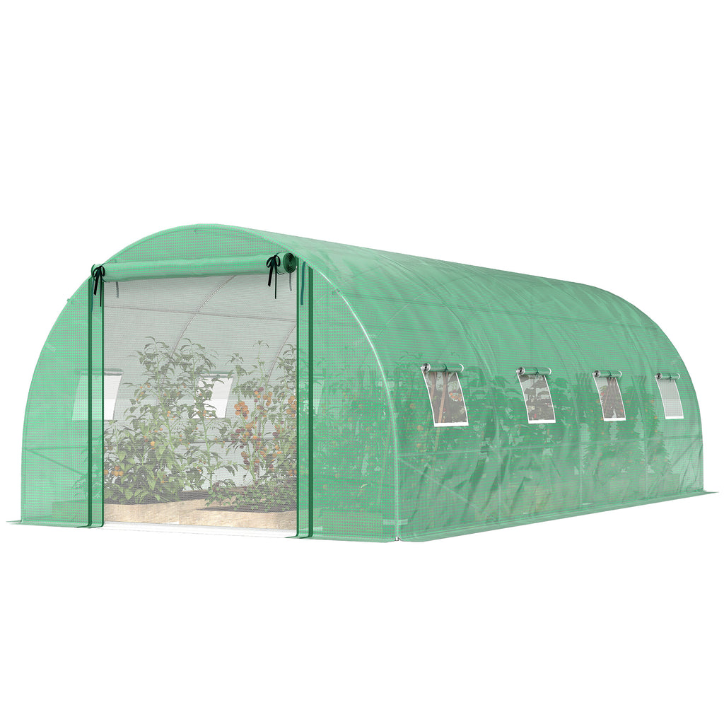 Walk-in Tunnel Greenhouse with 2 Support Rods, Mesh Door, Plant Hot House with PE Cover, 20'x10'x7', Green